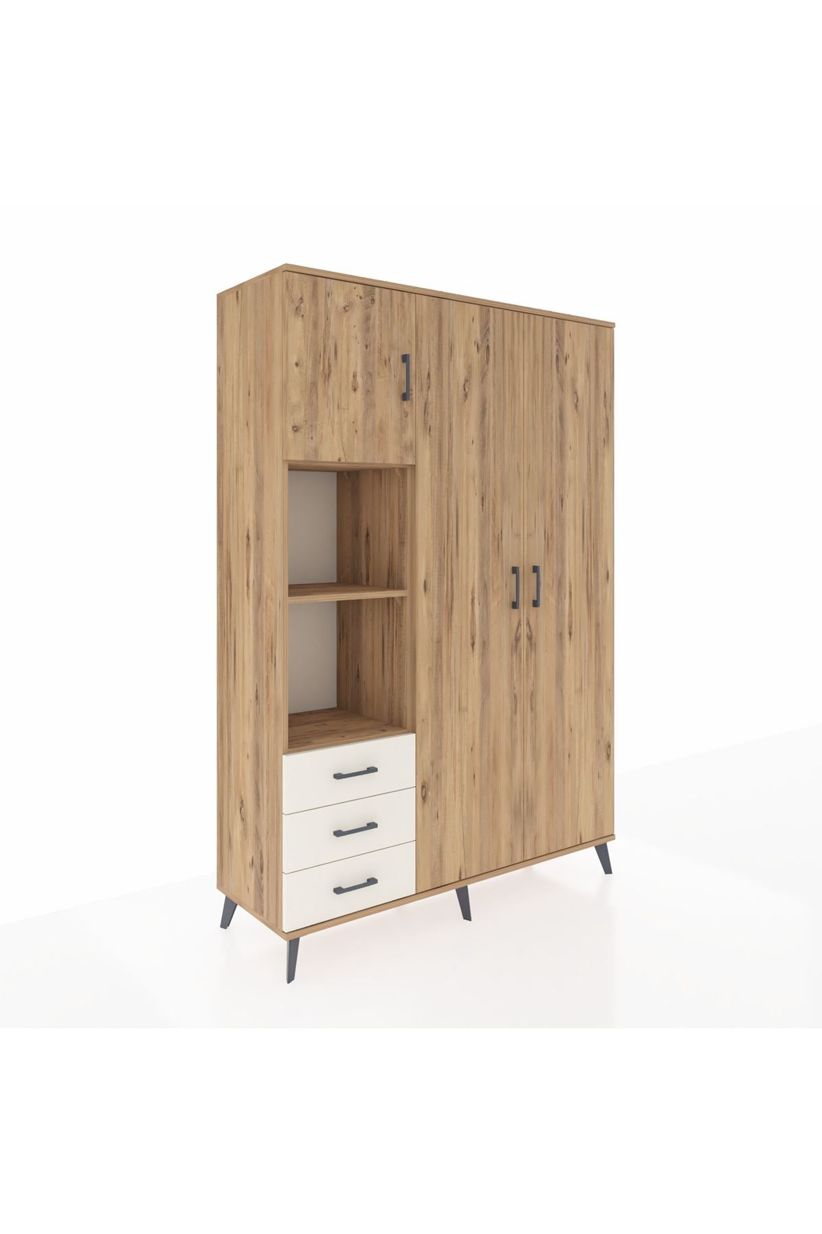 Hyperion Dolap 6 Raflı 3 Çekmeceli Tek Askılı 132x44x195 Çam-Çam/Aytaşı