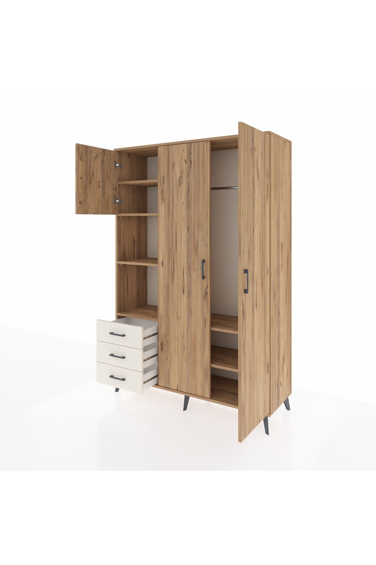 Hyperion Dolap 6 Raflı 3 Çekmeceli Tek Askılı 132x44x195 Çam-Çam/Aytaşı