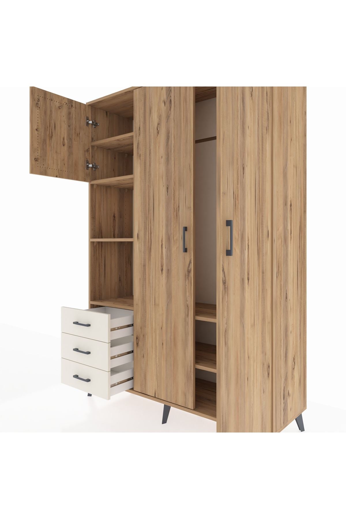 Hyperion Dolap 6 Raflı 3 Çekmeceli Tek Askılı 132x44x195 Çam-Çam/Aytaşı