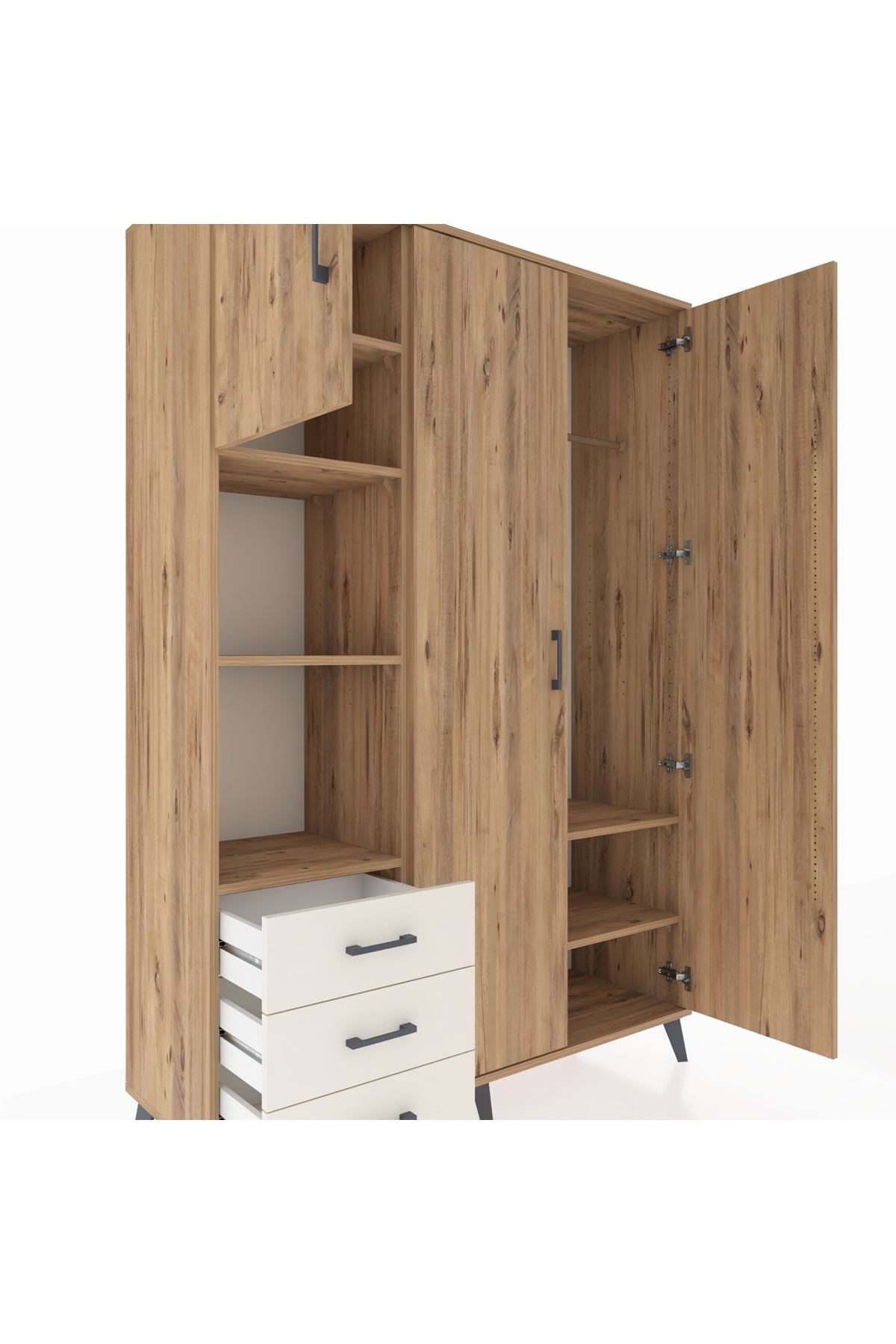 Hyperion Dolap 6 Raflı 3 Çekmeceli Tek Askılı 132x44x195 Çam-Çam/Aytaşı