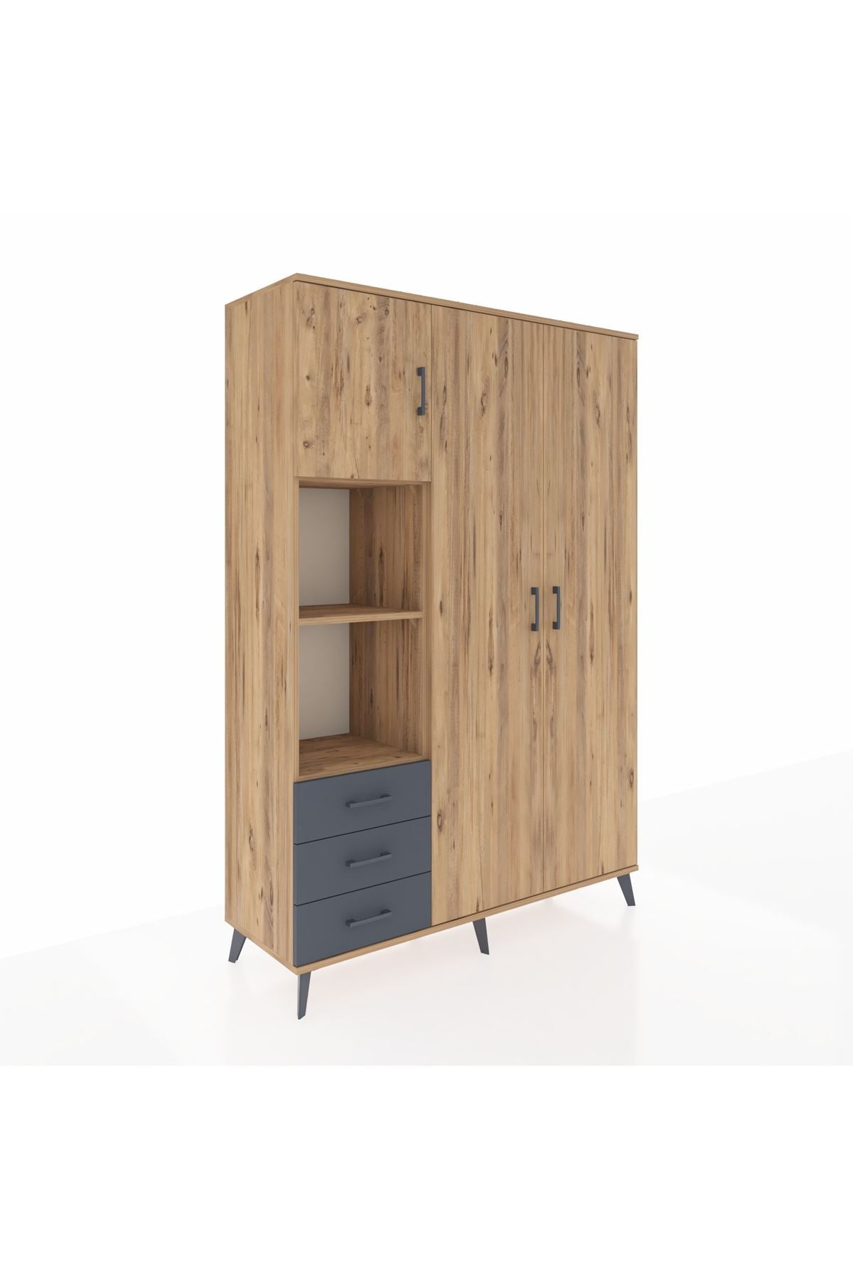 Hyperion Dolap 6 Raflı 3 Çekmeceli Tek Askılı 132x44x195 Çam-Çam/Antrasit