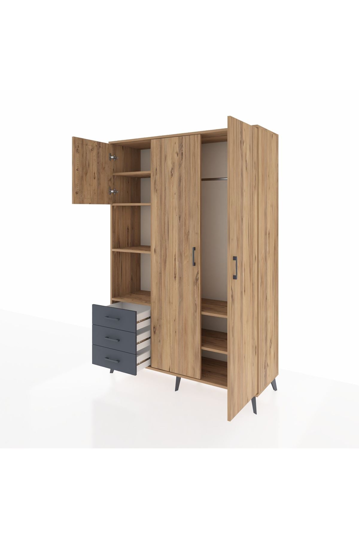 Hyperion Dolap 6 Raflı 3 Çekmeceli Tek Askılı 132x44x195 Çam-Çam/Antrasit