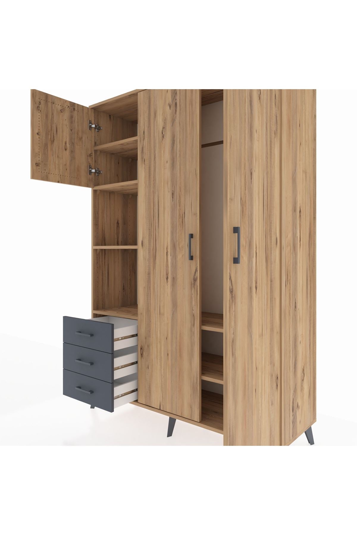 Hyperion Dolap 6 Raflı 3 Çekmeceli Tek Askılı 132x44x195 Çam-Çam/Antrasit