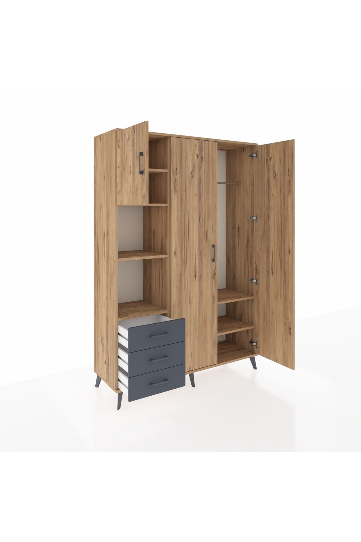 Hyperion Dolap 6 Raflı 3 Çekmeceli Tek Askılı 132x44x195 Çam-Çam/Antrasit