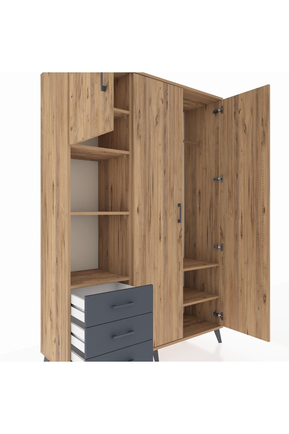 Hyperion Dolap 6 Raflı 3 Çekmeceli Tek Askılı 132x44x195 Çam-Çam/Antrasit