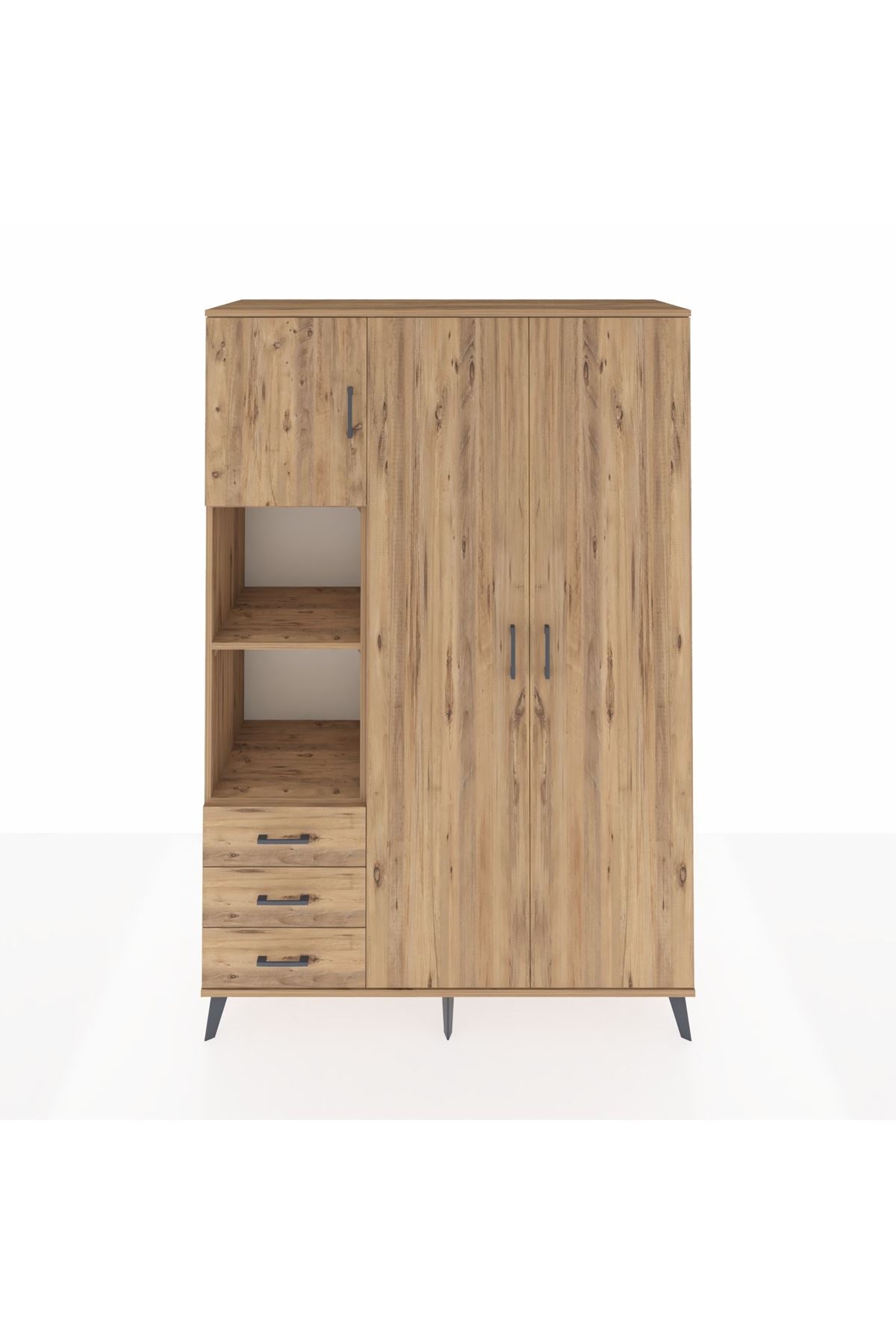 Hyperion Dolap 6 Raflı 3 Çekmeceli Tek Askılı 132x44x195 Çam-Çam/Çam