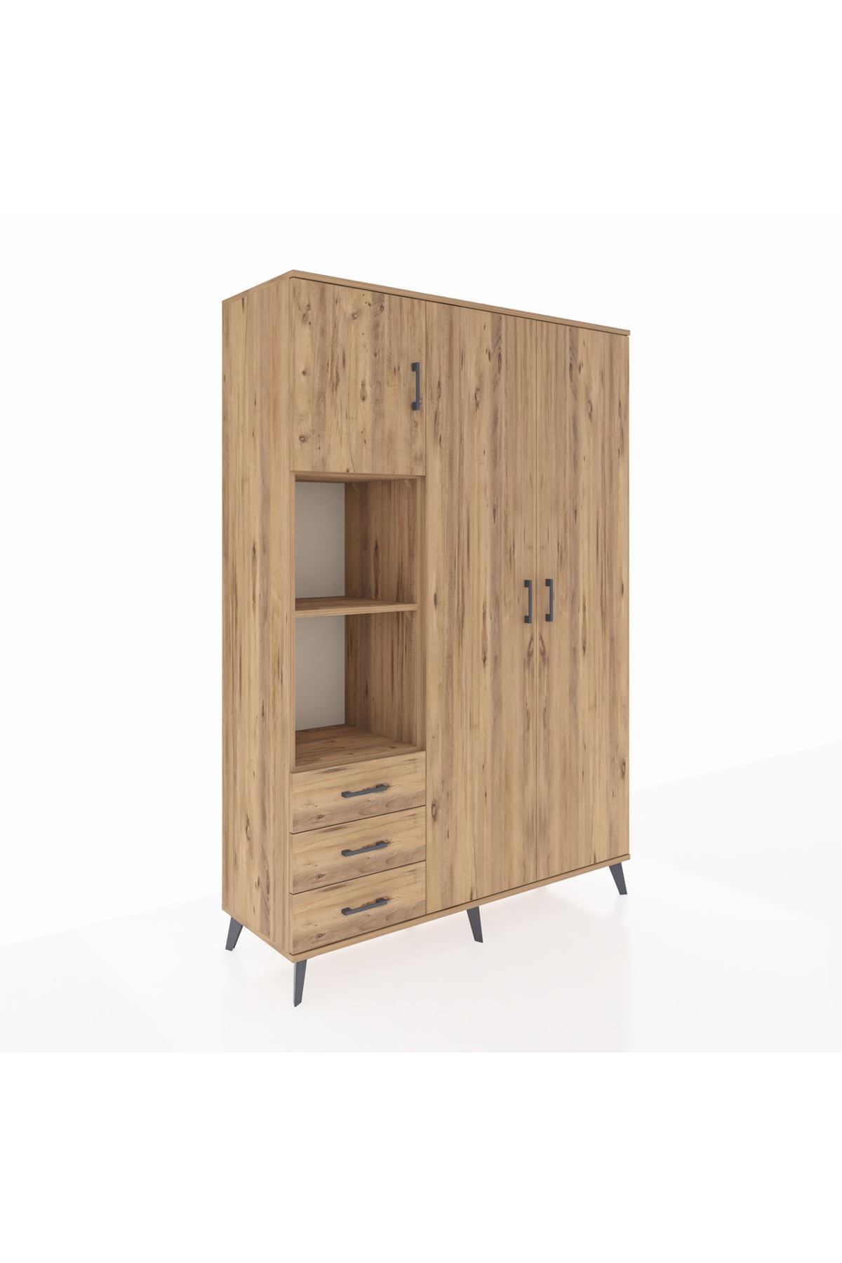 Hyperion Dolap 6 Raflı 3 Çekmeceli Tek Askılı 132x44x195 Çam-Çam/Çam