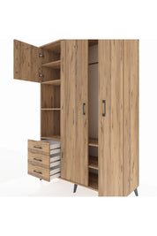 Hyperion Dolap 6 Raflı 3 Çekmeceli Tek Askılı 132x44x195 Çam-Çam/Çam