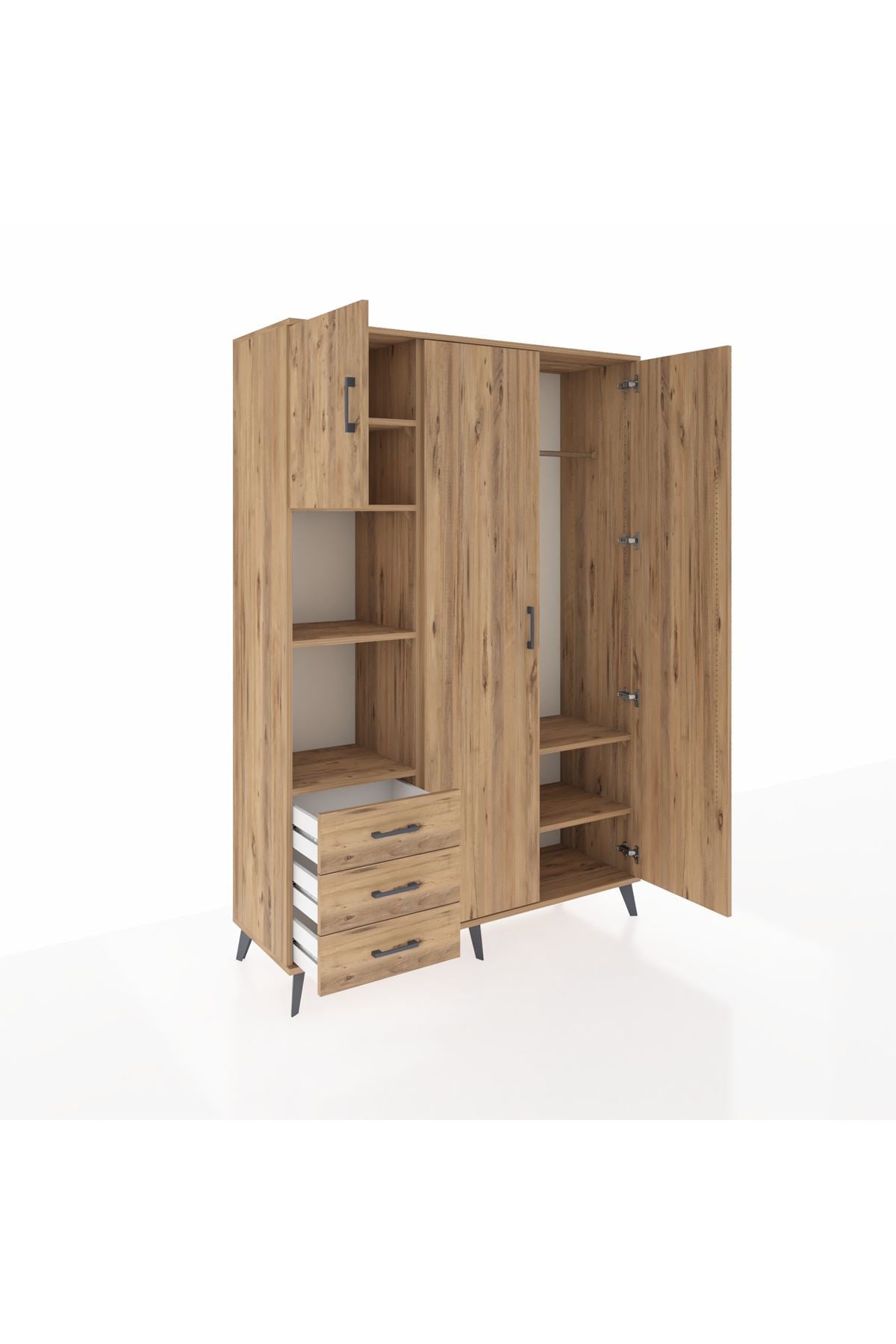 Hyperion Dolap 6 Raflı 3 Çekmeceli Tek Askılı 132x44x195 Çam-Çam/Çam