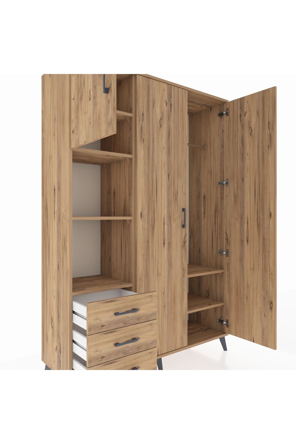 Hyperion Dolap 6 Raflı 3 Çekmeceli Tek Askılı 132x44x195 Çam-Çam/Çam