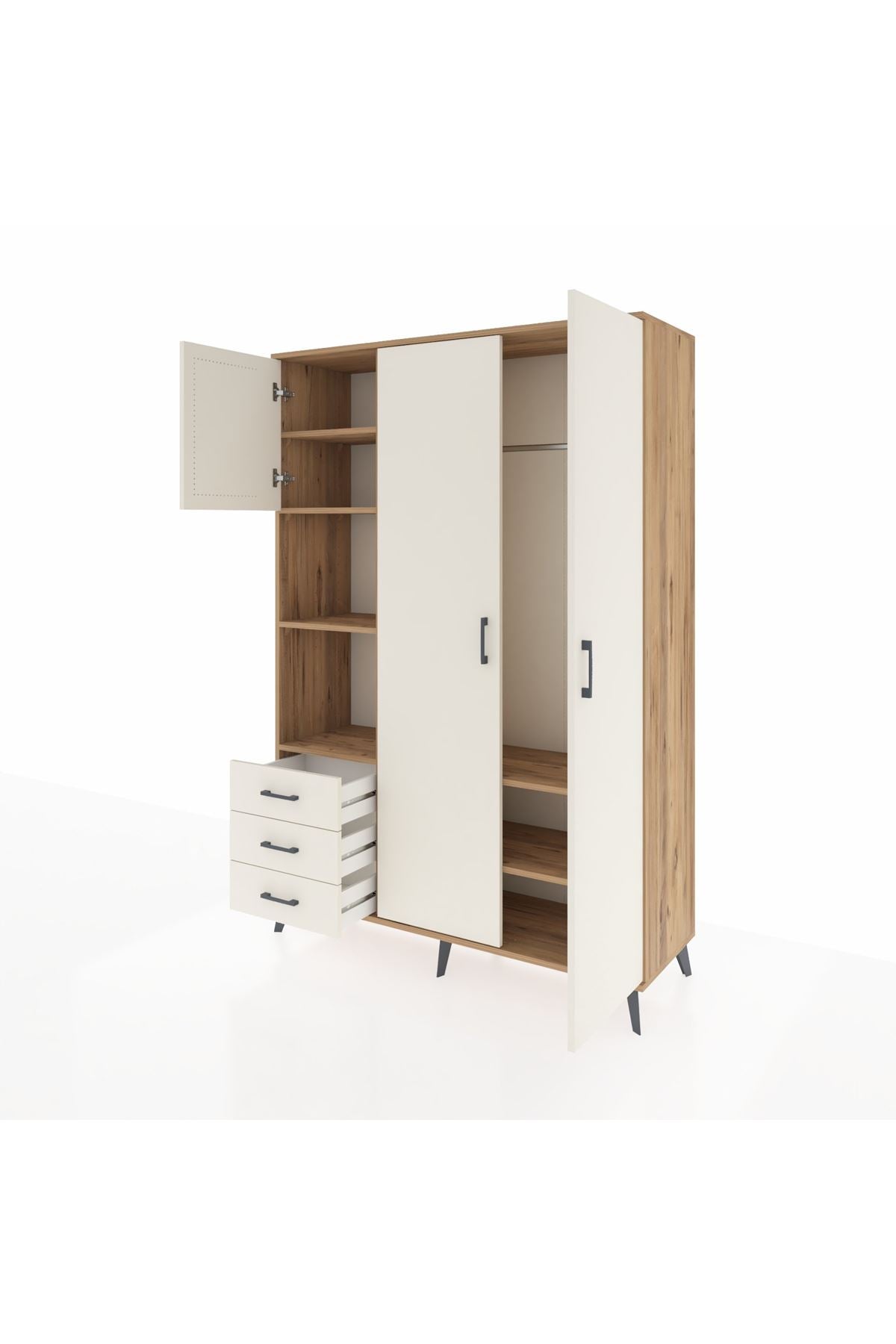 Hyperion Dolap 6 Raflı 3 Çekmeceli Tek Askılı 132x44x195 Çam-Aytaşı/Aytaşı