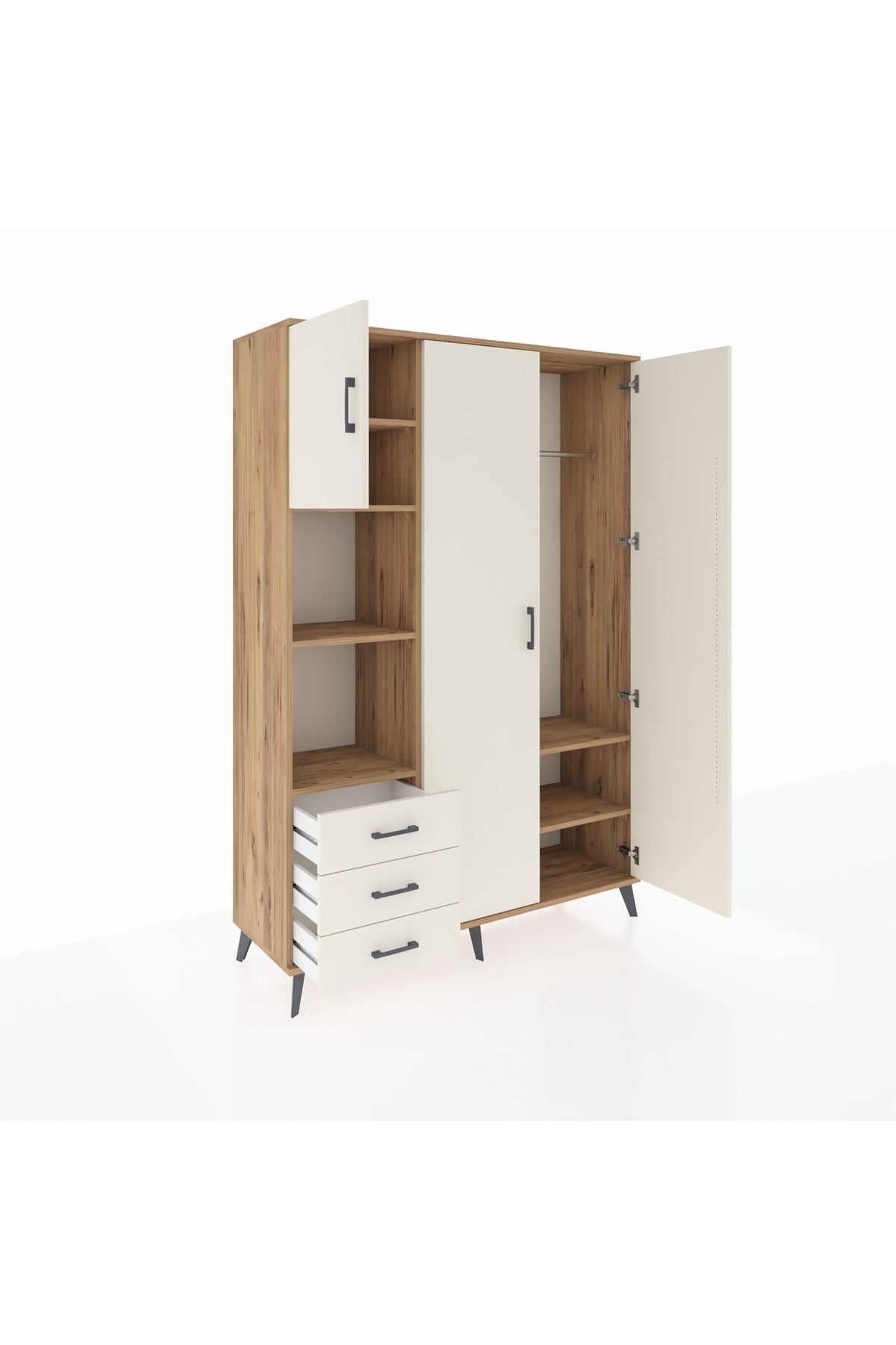 Hyperion Dolap 6 Raflı 3 Çekmeceli Tek Askılı 132x44x195 Çam-Aytaşı/Aytaşı