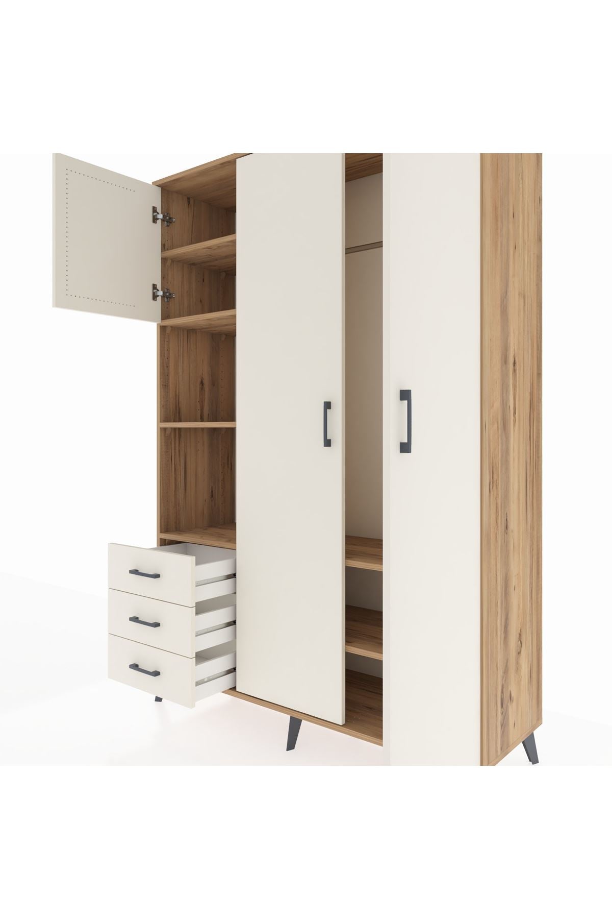 Hyperion Dolap 6 Raflı 3 Çekmeceli Tek Askılı 132x44x195 Çam-Aytaşı/Aytaşı