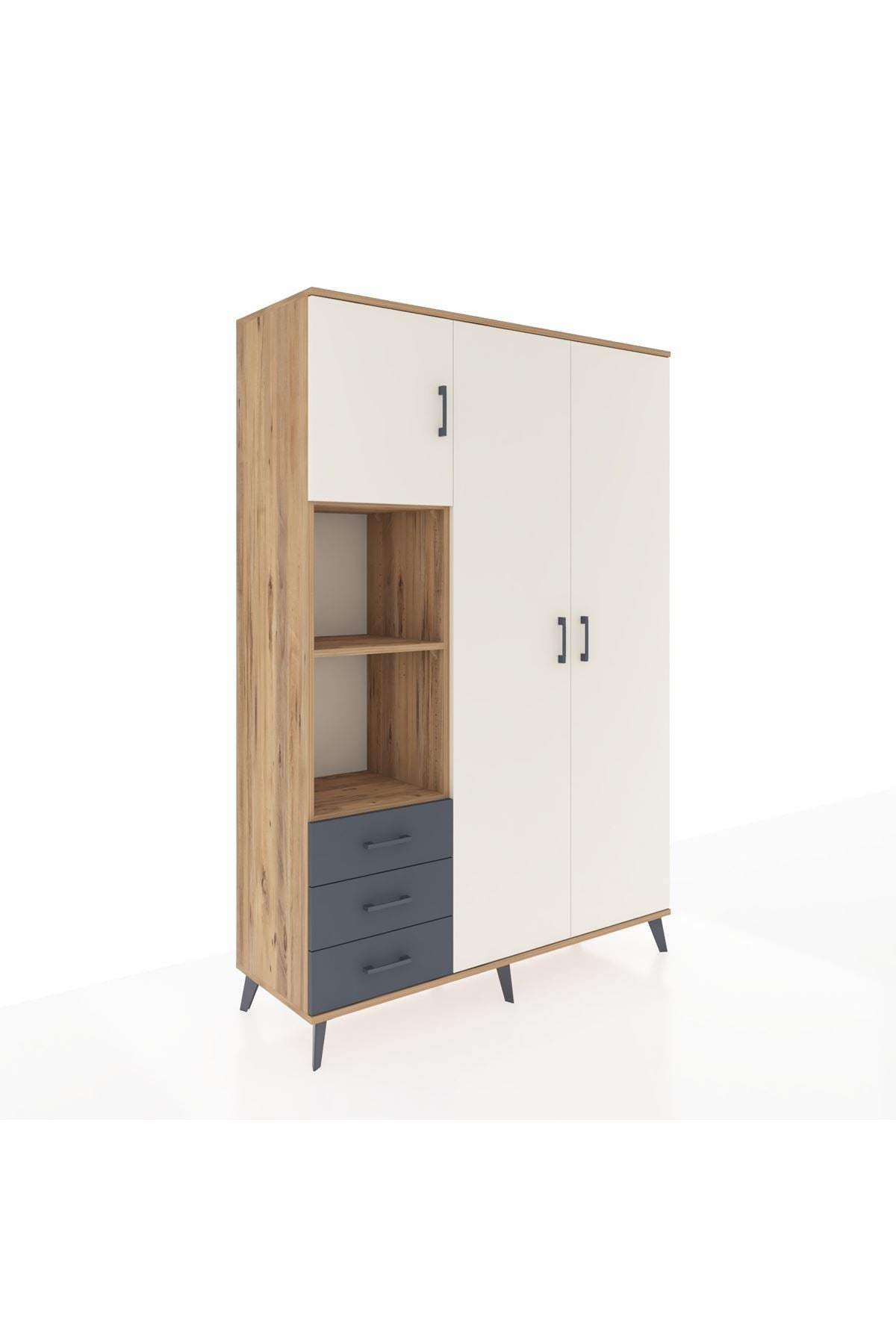 Hyperion Dolap 6 Raflı 3 Çekmeceli Tek Askılı 132x44x195 Çam-Aytaşı/Antrasit