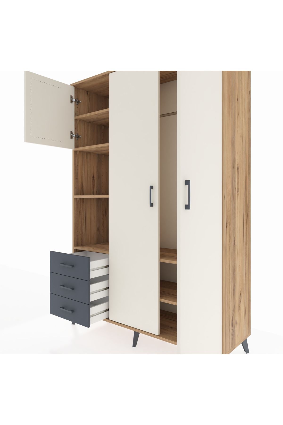 Hyperion Dolap 6 Raflı 3 Çekmeceli Tek Askılı 132x44x195 Çam-Aytaşı/Antrasit