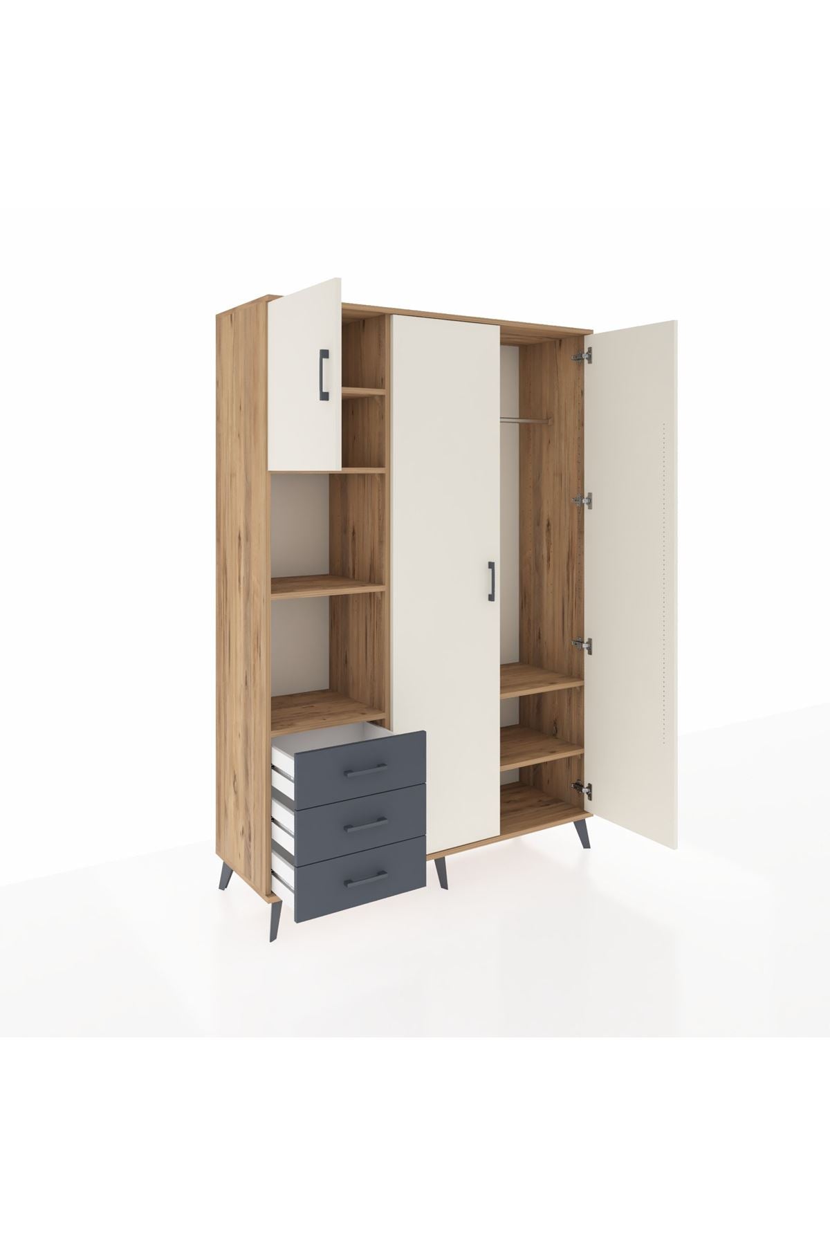 Hyperion Dolap 6 Raflı 3 Çekmeceli Tek Askılı 132x44x195 Çam-Aytaşı/Antrasit