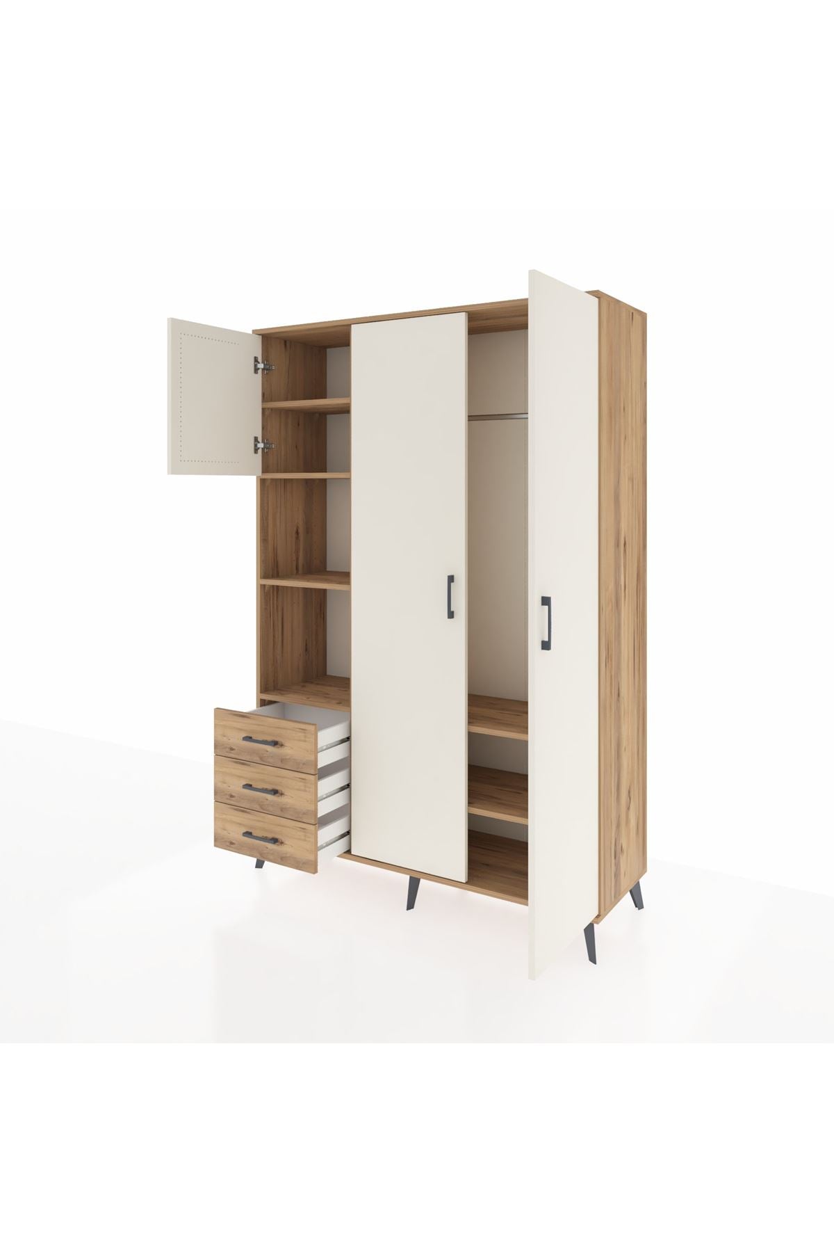 Hyperion Dolap 6 Raflı 3 Çekmeceli Tek Askılı 132x44x195 Çam-Aytaşı/Çam