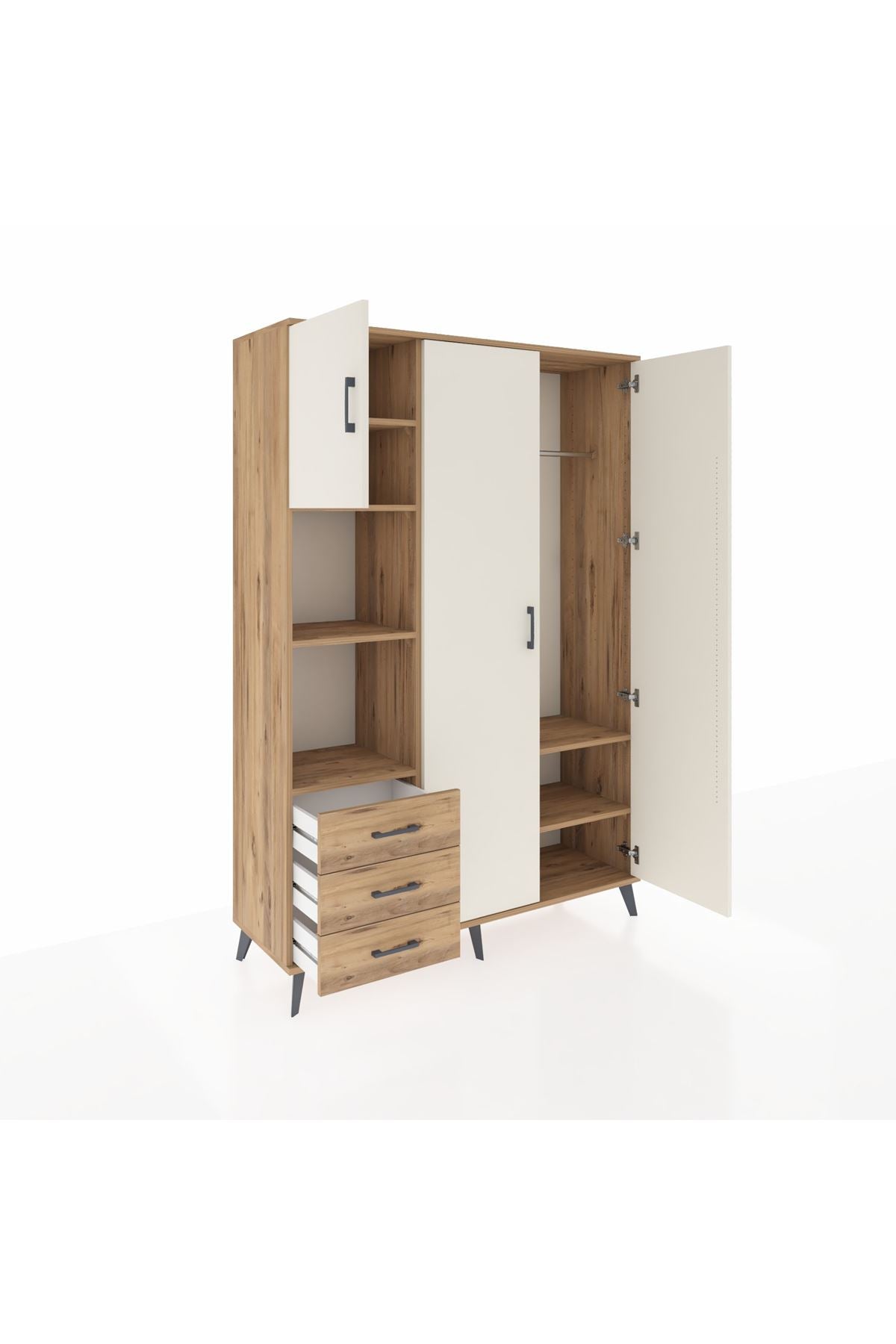 Hyperion Dolap 6 Raflı 3 Çekmeceli Tek Askılı 132x44x195 Çam-Aytaşı/Çam