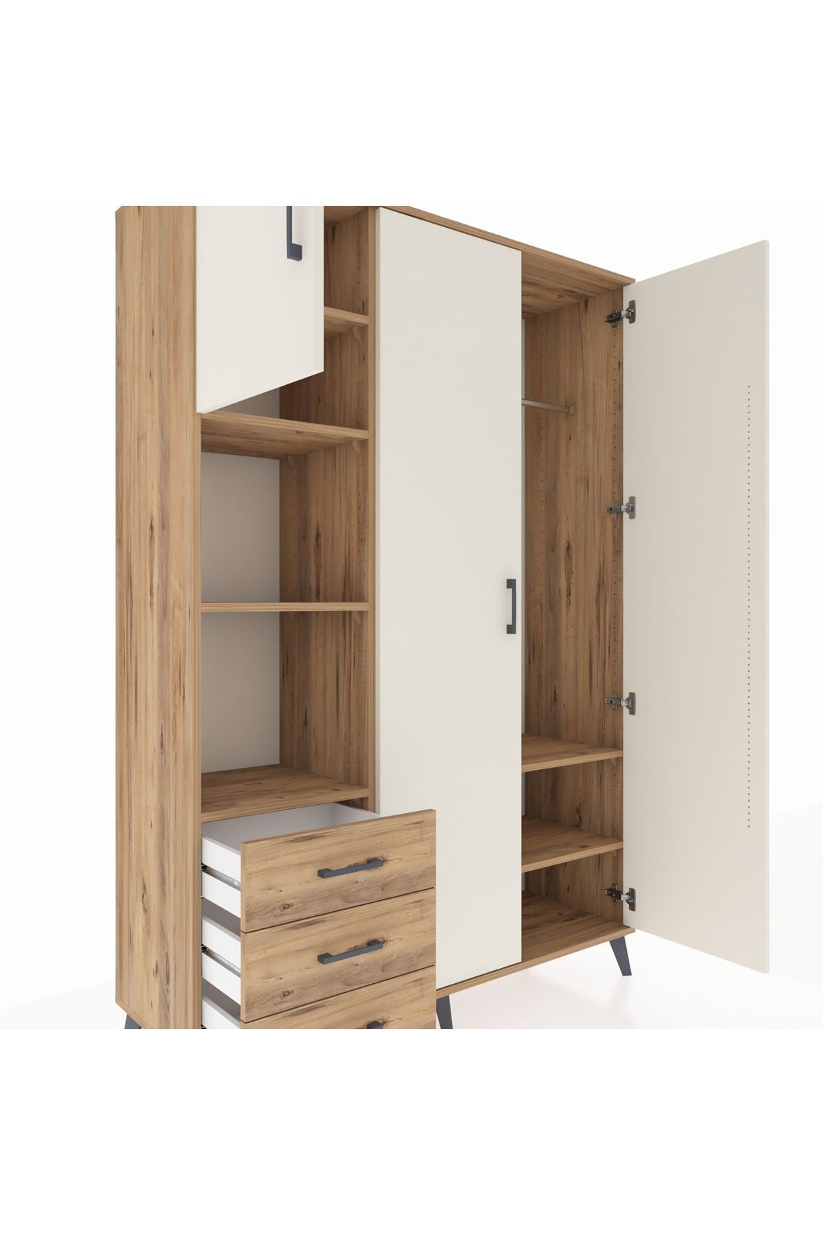 Hyperion Dolap 6 Raflı 3 Çekmeceli Tek Askılı 132x44x195 Çam-Aytaşı/Çam