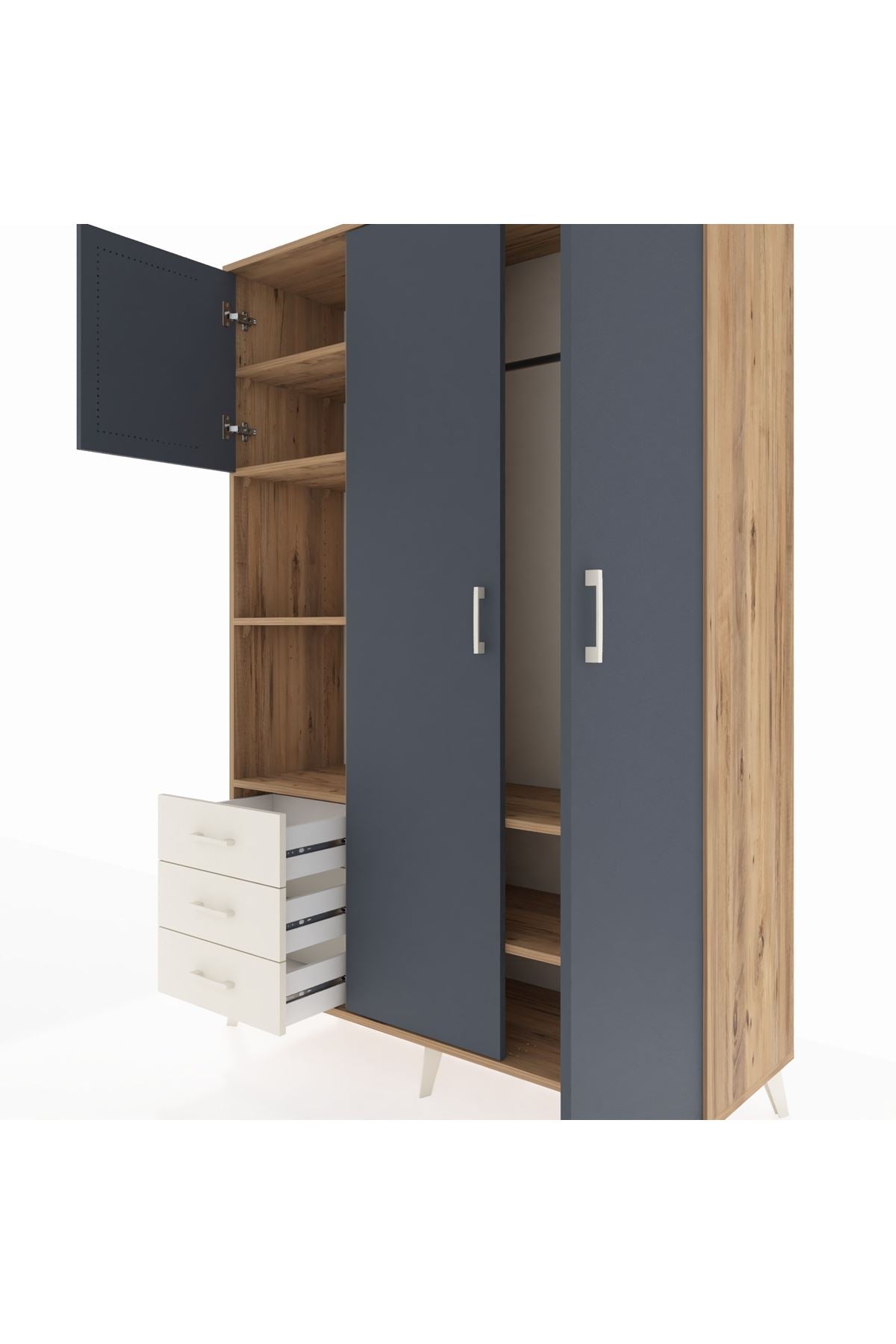 Hyperion Dolap 6 Raflı 3 Çekmeceli Tek Askılı 132x44x195 Çam-Antrasit/Aytaşı