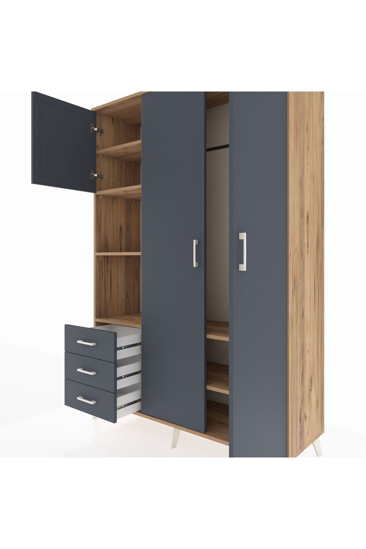 Hyperion Dolap 6 Raflı 3 Çekmeceli Tek Askılı 132x44x195 Çam-Antrasit/Antrasit