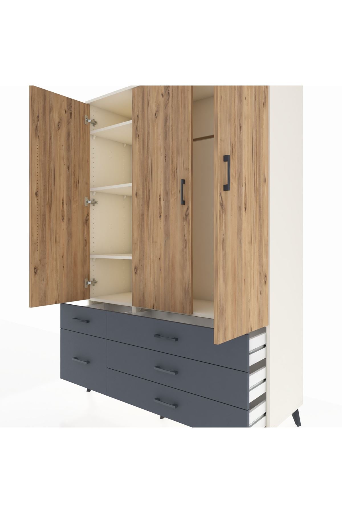 Hyperion Dolap 5 Raflı 5 Çekmeceli Tek Askılı 132x44x195 Aytaşı-Çam/Antrasit