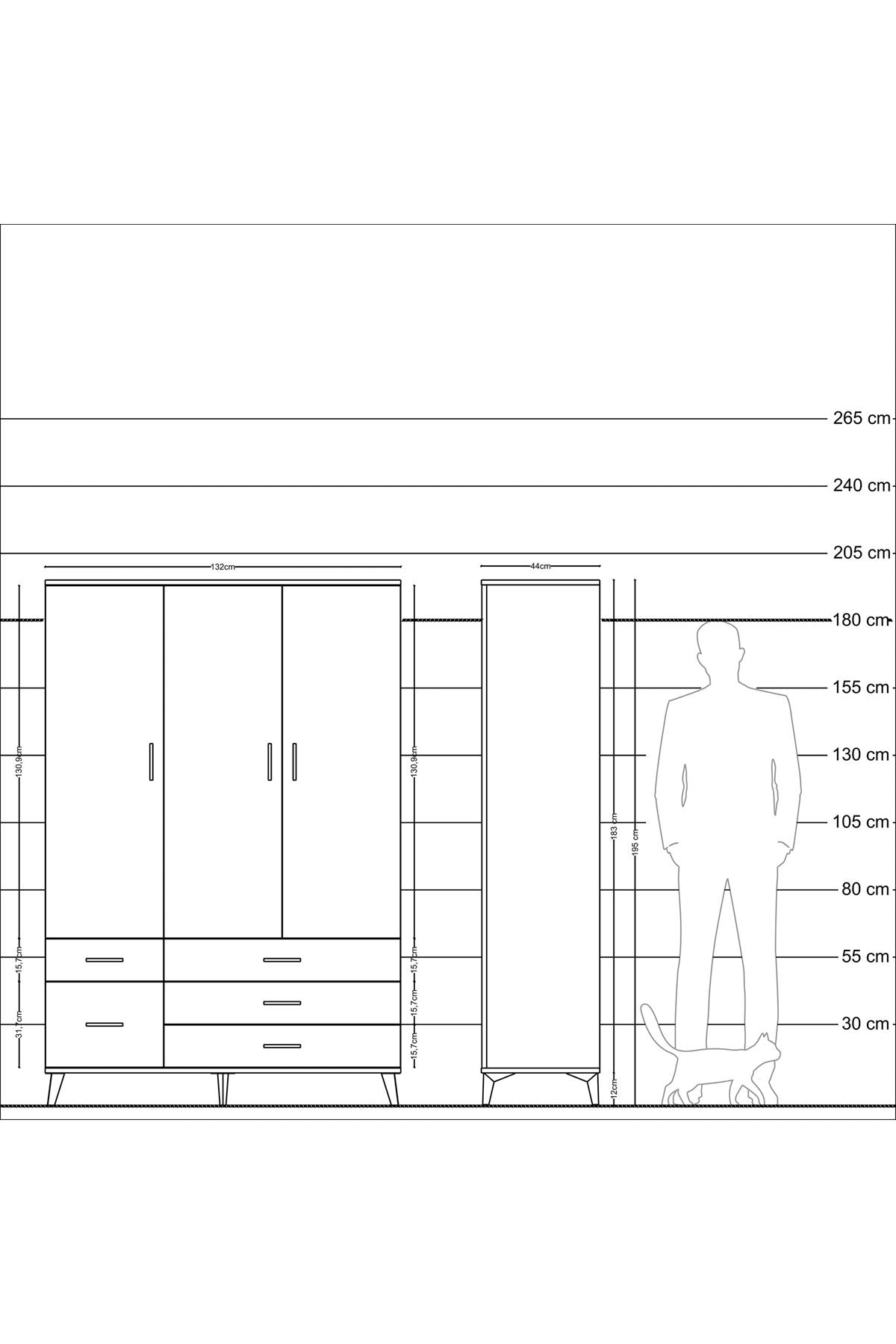 Hyperion Dolap 5 Raflı 5 Çekmeceli Tek Askılı 132x44x195 Aytaşı-Çam/Çam