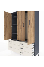 Hyperion Dolap 5 Raflı 5 Çekmeceli Tek Askılı 132x44x195 Antrasit-Çam/Aytaşı