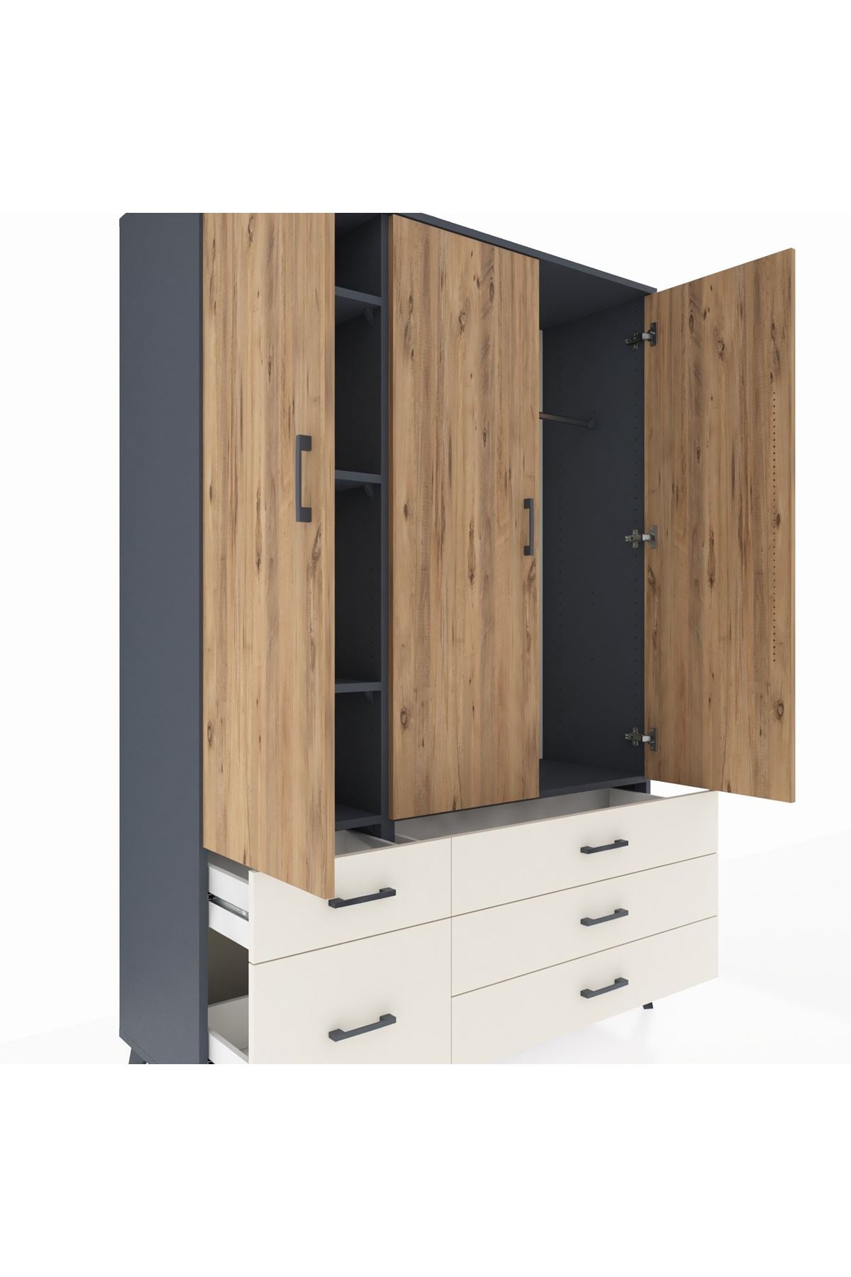 Hyperion Dolap 5 Raflı 5 Çekmeceli Tek Askılı 132x44x195 Antrasit-Çam/Aytaşı