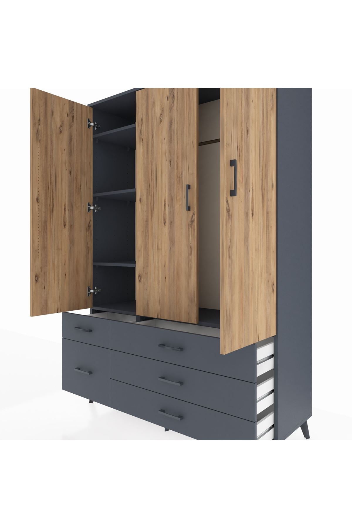 Hyperion Dolap 5 Raflı 5 Çekmeceli Tek Askılı 132x44x195 Antrasit-Çam/Antrasit