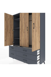 Hyperion Dolap 5 Raflı 5 Çekmeceli Tek Askılı 132x44x195 Antrasit-Çam/Antrasit