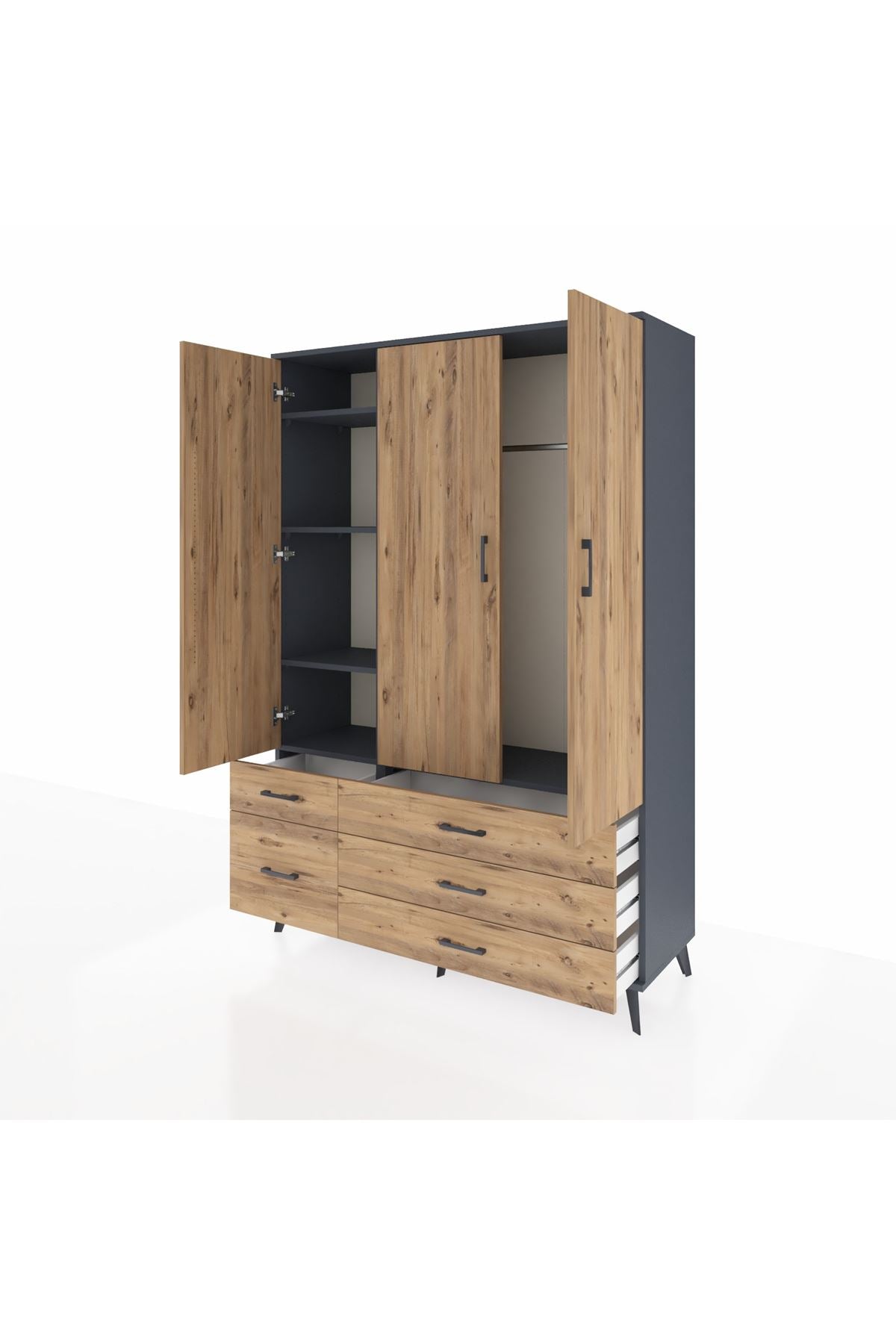 Hyperion Dolap 5 Raflı 5 Çekmeceli Tek Askılı 132x44x195 Antrasit-Çam/Çam