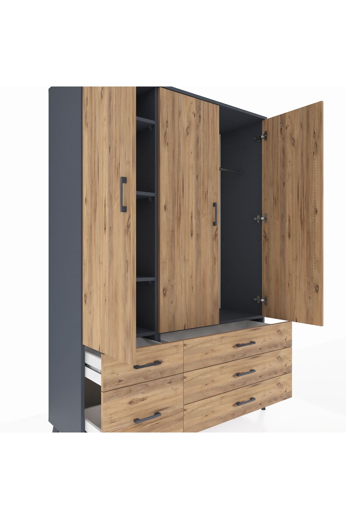 Hyperion Dolap 5 Raflı 5 Çekmeceli Tek Askılı 132x44x195 Antrasit-Çam/Çam