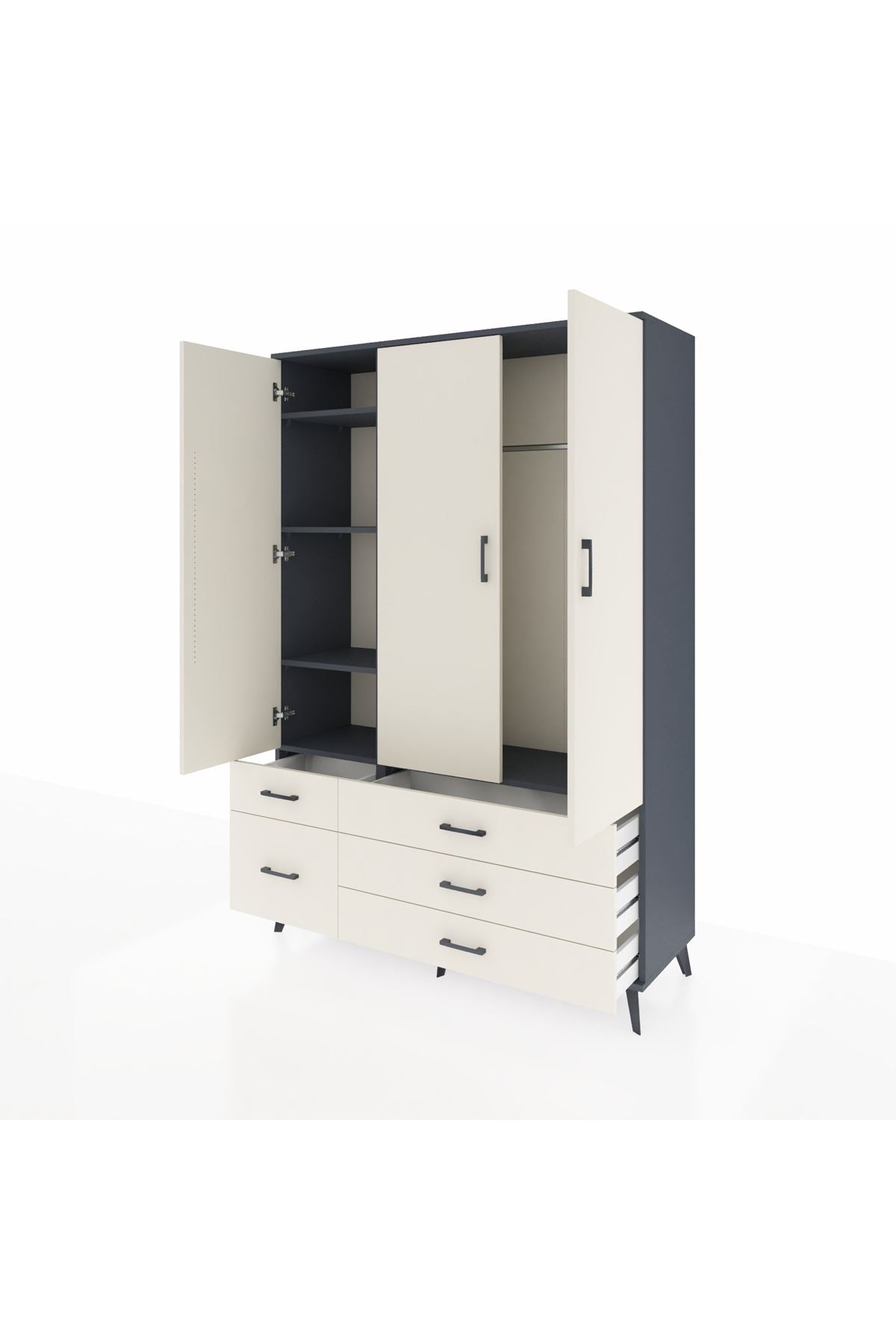 Hyperion Dolap 5 Raflı 5 Çekmeceli Tek Askılı 132x44x195 Antrasit-Aytaşı/Aytaşı