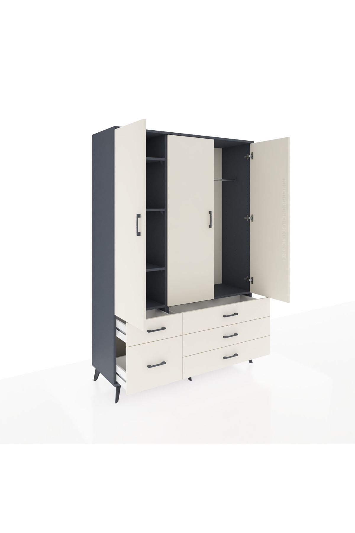 Hyperion Dolap 5 Raflı 5 Çekmeceli Tek Askılı 132x44x195 Antrasit-Aytaşı/Aytaşı