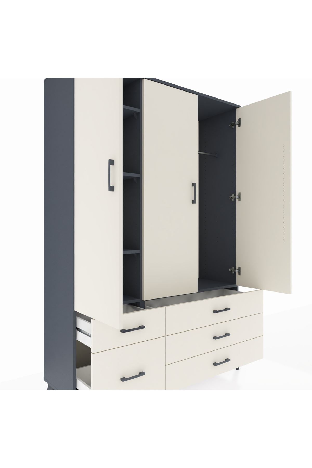 Hyperion Dolap 5 Raflı 5 Çekmeceli Tek Askılı 132x44x195 Antrasit-Aytaşı/Aytaşı