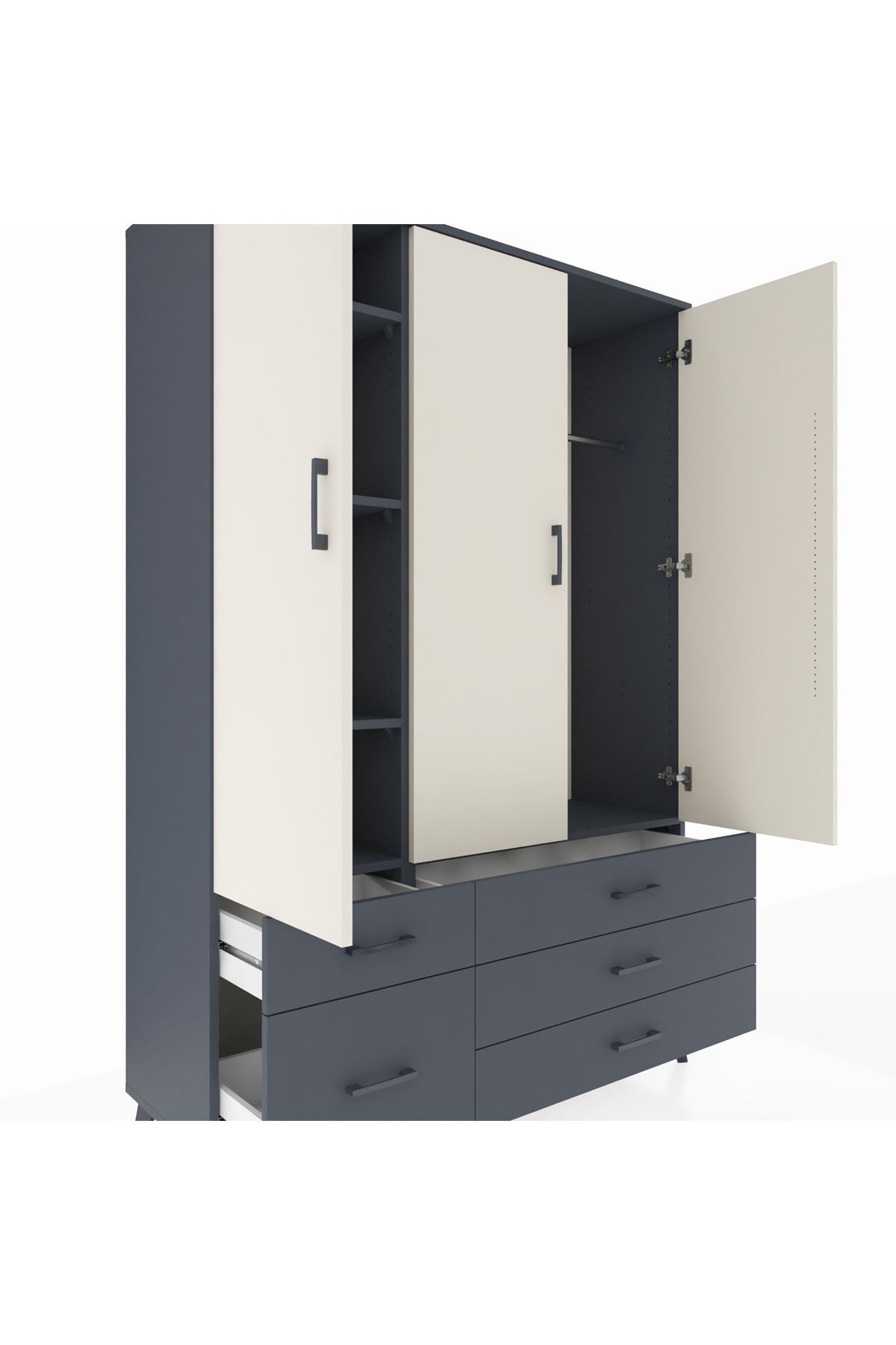 Hyperion Dolap 5 Raflı 5 Çekmeceli Tek Askılı 132x44x195 Antrasit-Aytaşı/Antrasit