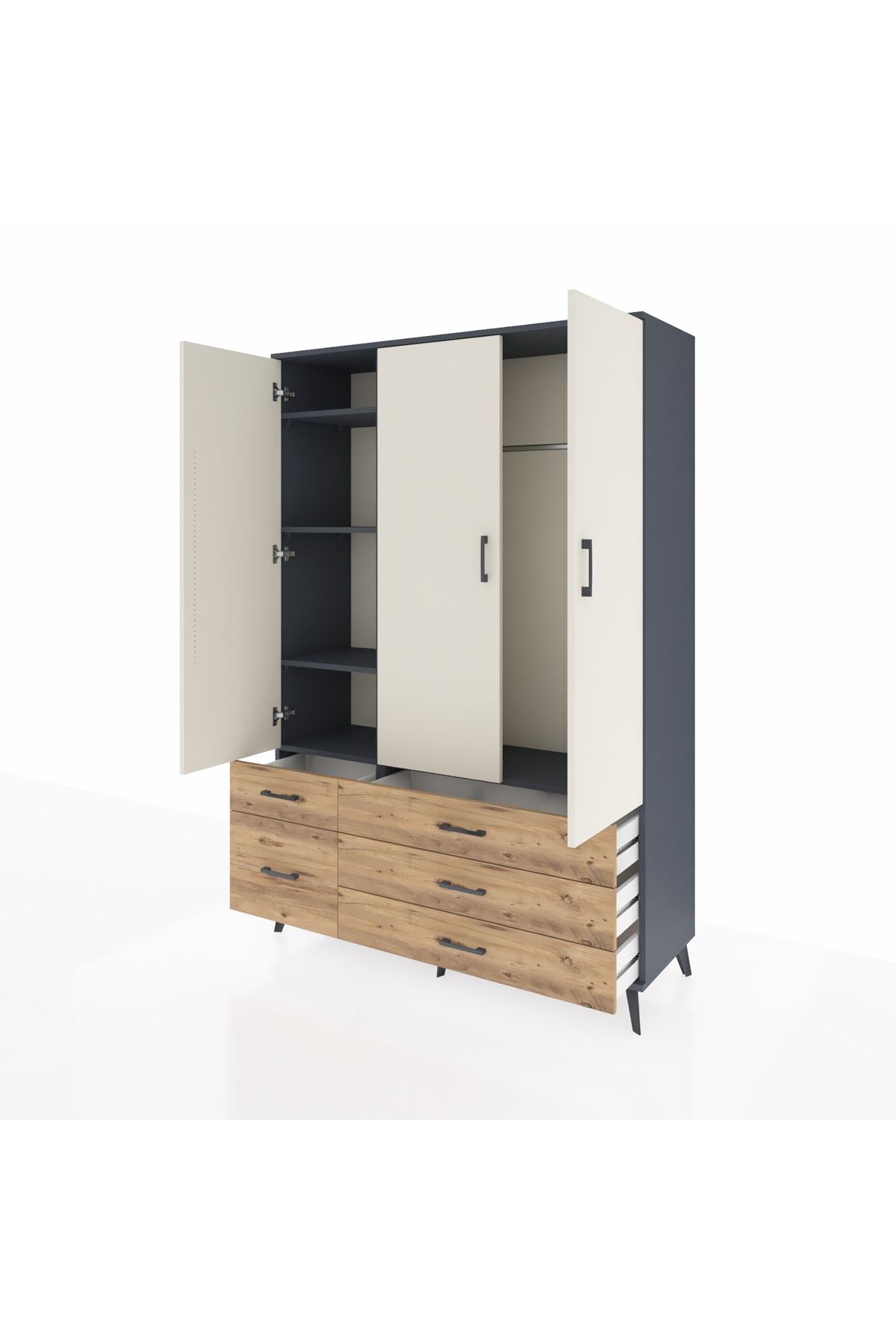 Hyperion Dolap 5 Raflı 5 Çekmeceli Tek Askılı 132x44x195 Antrasit-Aytaşı/Çam