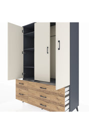 Hyperion Dolap 5 Raflı 5 Çekmeceli Tek Askılı 132x44x195 Antrasit-Aytaşı/Çam