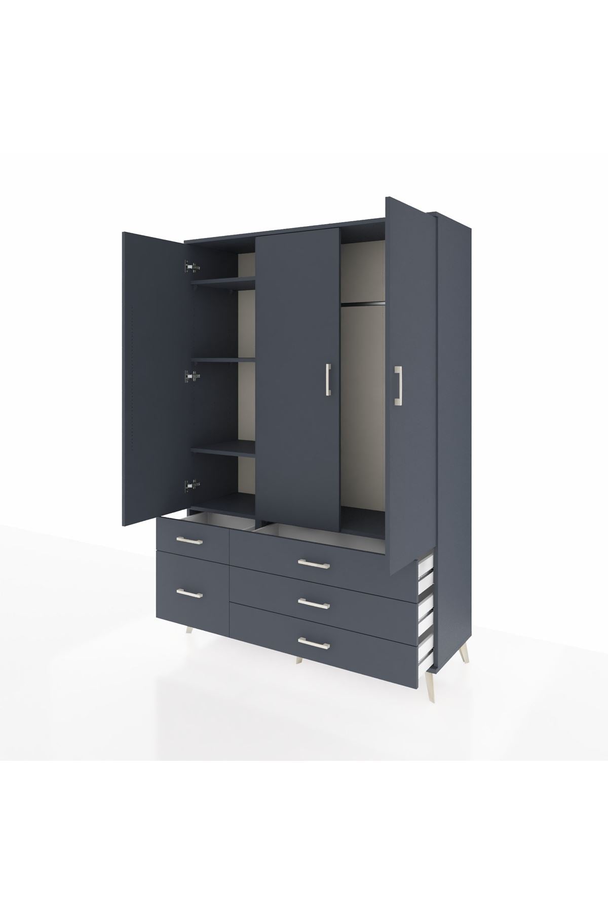 Hyperion Dolap 5 Raflı 5 Çekmeceli Tek Askılı 132x44x195 Antrasit-Antrasit/Antrasit