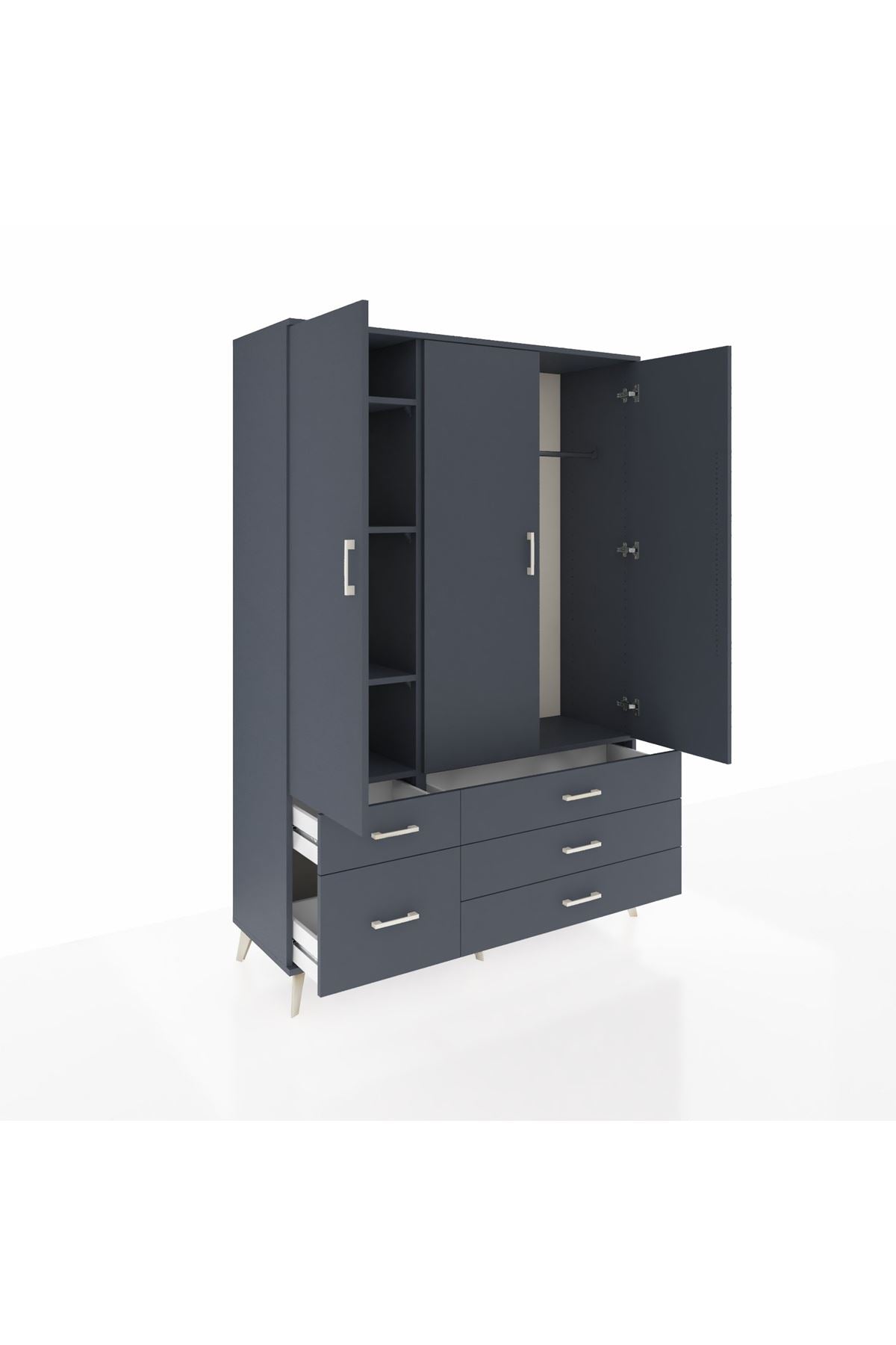 Hyperion Dolap 5 Raflı 5 Çekmeceli Tek Askılı 132x44x195 Antrasit-Antrasit/Antrasit