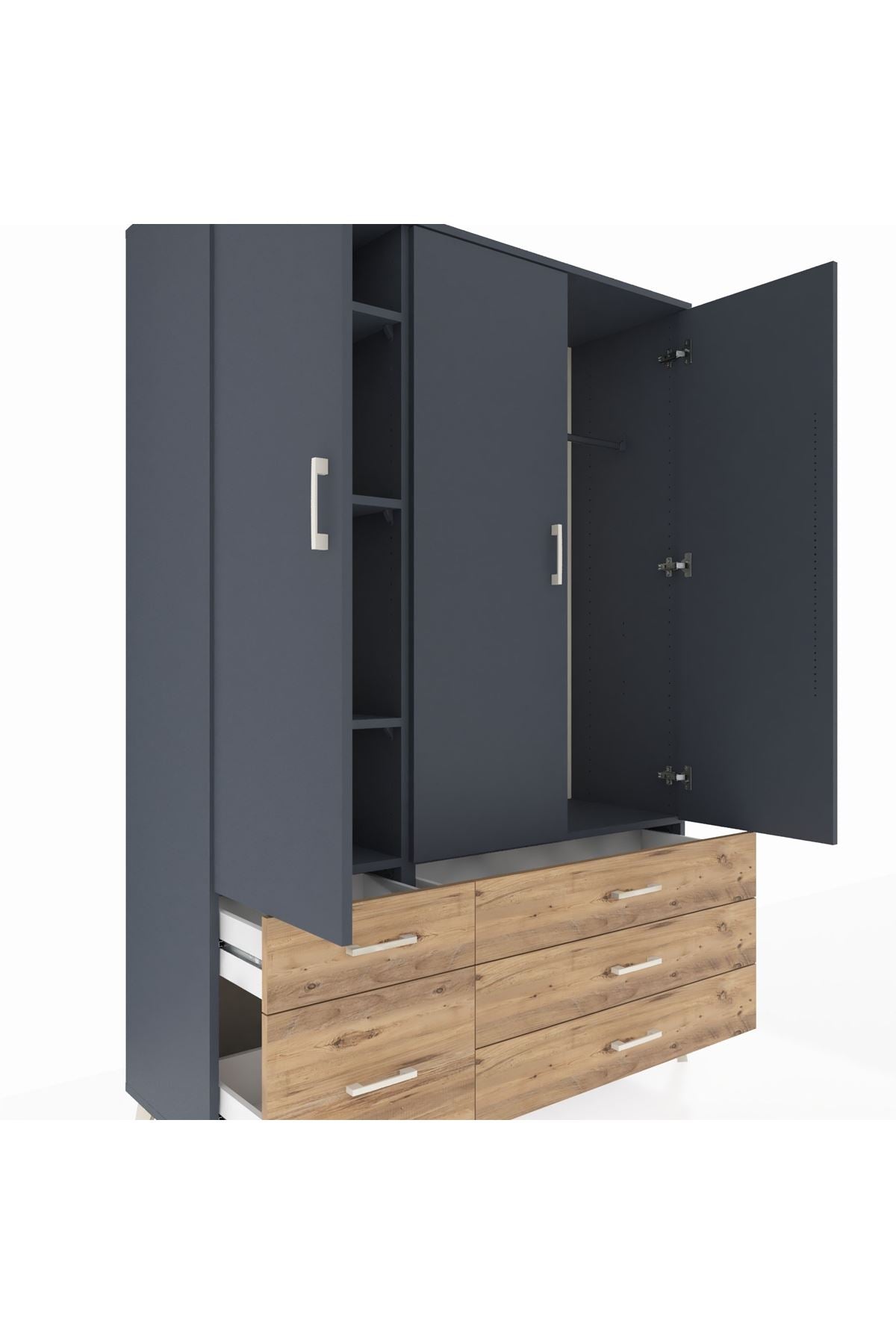 Hyperion Dolap 5 Raflı 5 Çekmeceli Tek Askılı 132x44x195 Antrasit-Antrasit/Çam