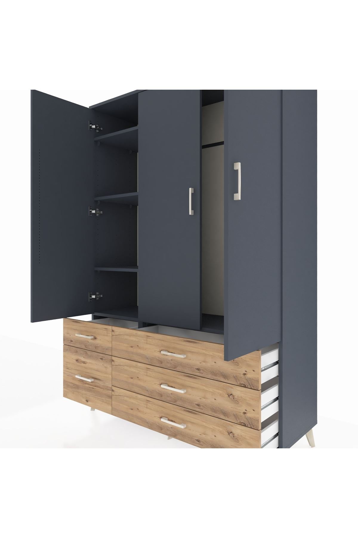 Hyperion Dolap 5 Raflı 5 Çekmeceli Tek Askılı 132x44x195 Antrasit-Antrasit/Çam