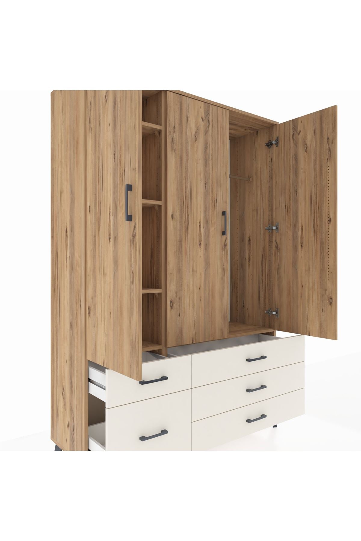 Hyperion Dolap 5 Raflı 5 Çekmeceli Tek Askılı 132x44x195 Çam-Çam/Aytaşı