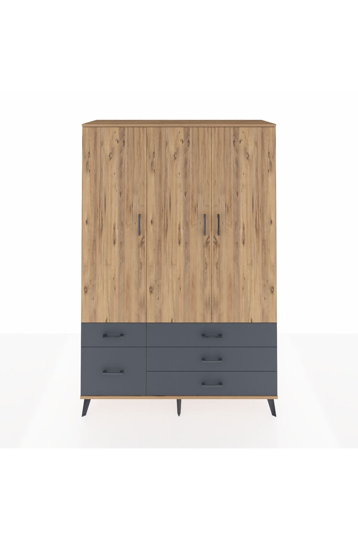 Hyperion Dolap 5 Raflı 5 Çekmeceli Tek Askılı 132x44x195 Çam-Çam/Antrasit