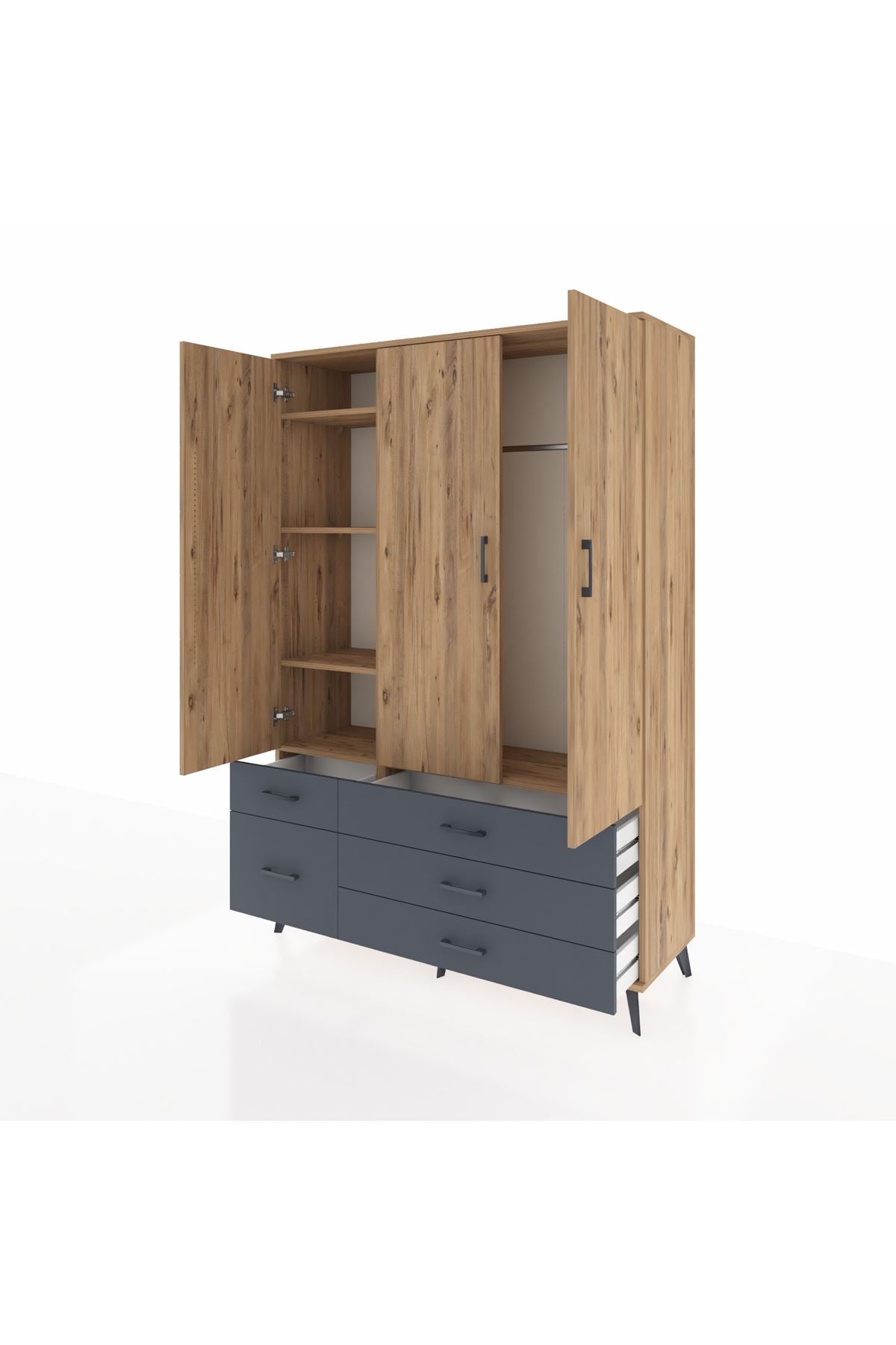 Hyperion Dolap 5 Raflı 5 Çekmeceli Tek Askılı 132x44x195 Çam-Çam/Antrasit
