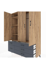 Hyperion Dolap 5 Raflı 5 Çekmeceli Tek Askılı 132x44x195 Çam-Çam/Antrasit