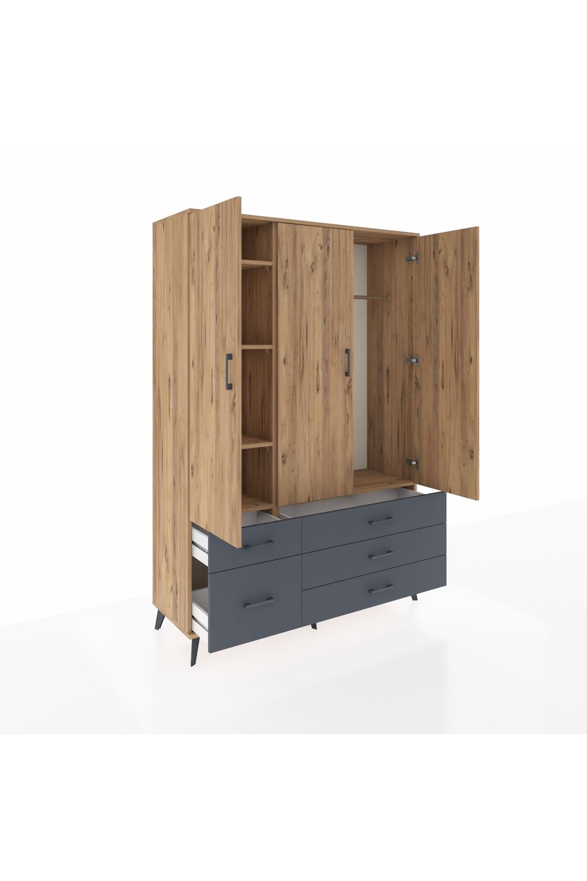 Hyperion Dolap 5 Raflı 5 Çekmeceli Tek Askılı 132x44x195 Çam-Çam/Antrasit