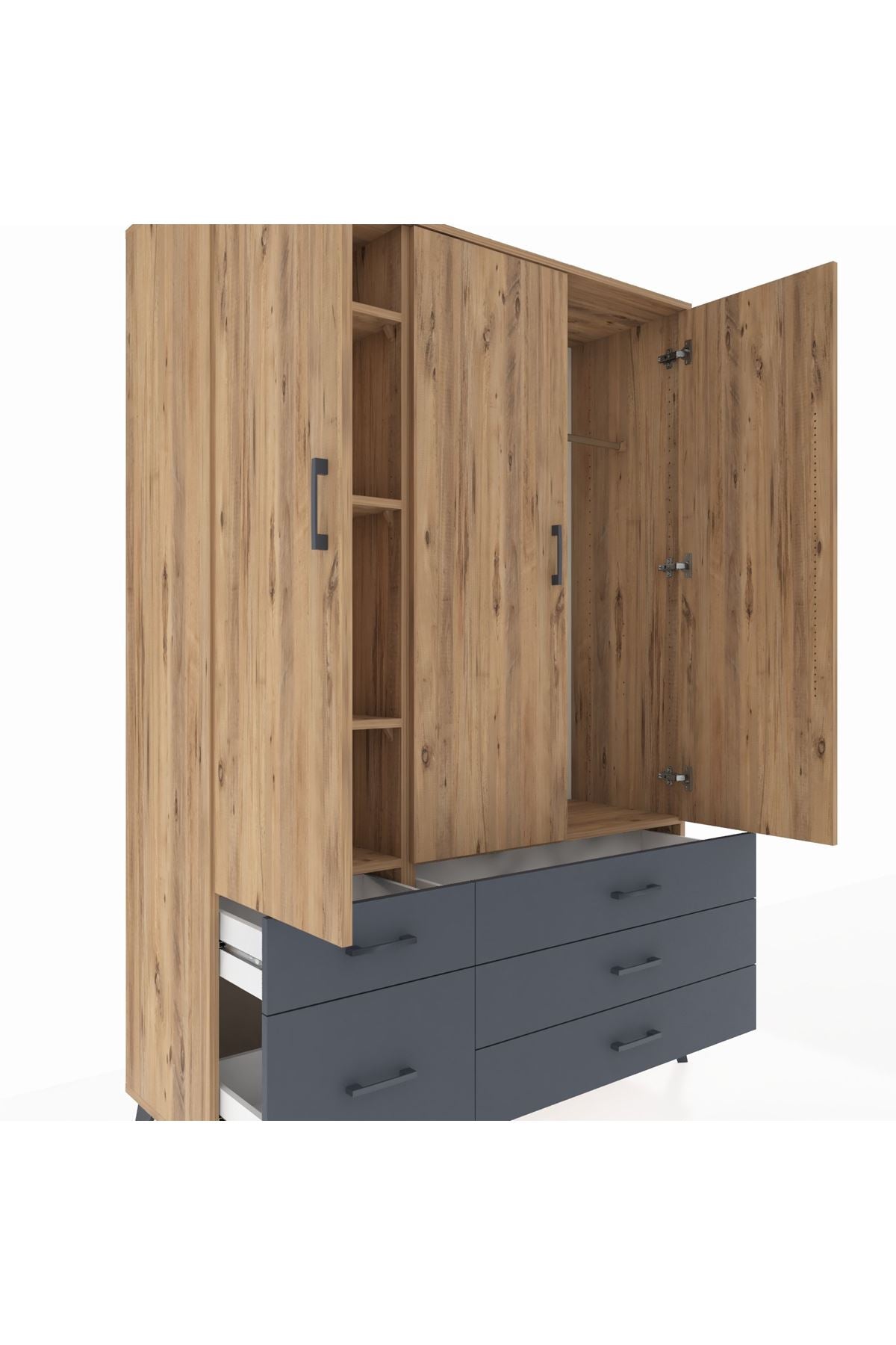 Hyperion Dolap 5 Raflı 5 Çekmeceli Tek Askılı 132x44x195 Çam-Çam/Antrasit