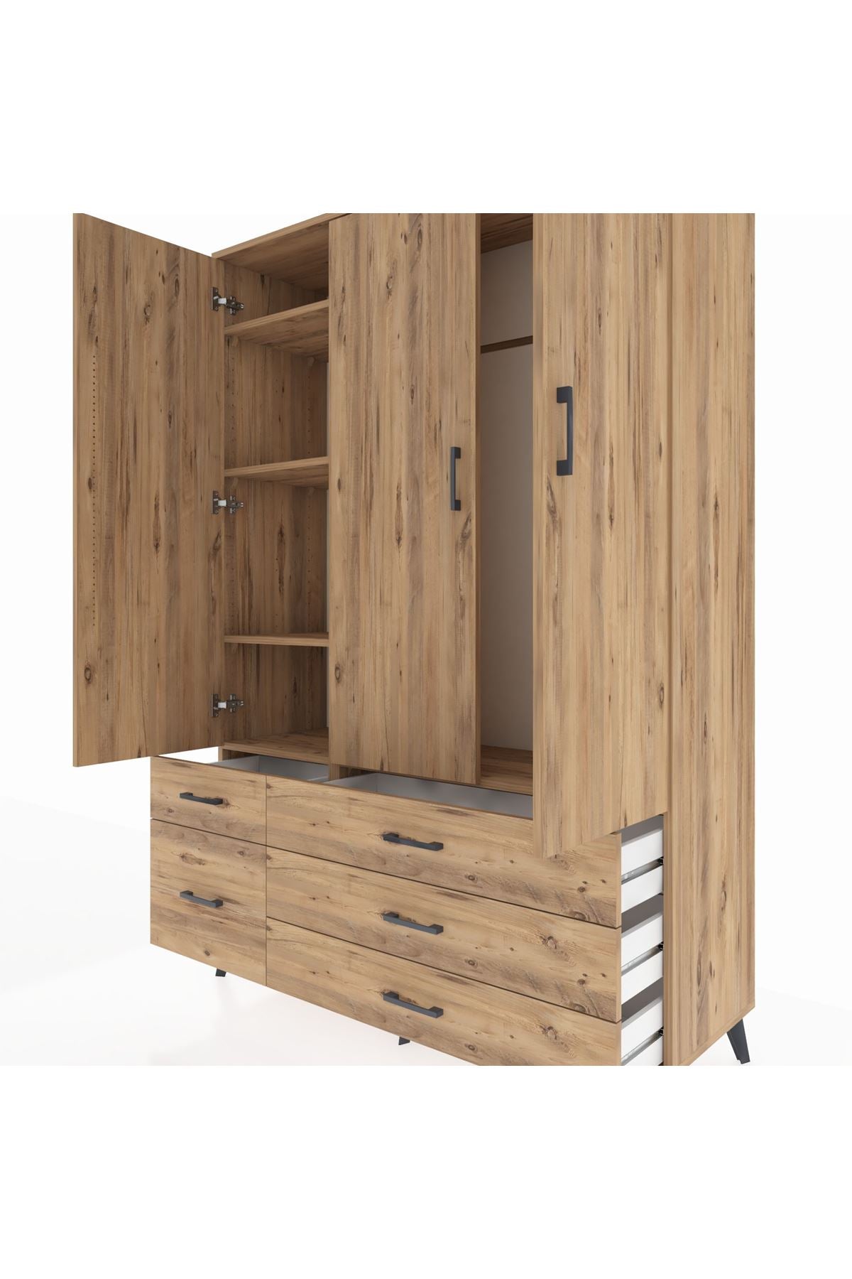 Hyperion Dolap 5 Raflı 5 Çekmeceli Tek Askılı 132x44x195 Çam-Çam/Çam